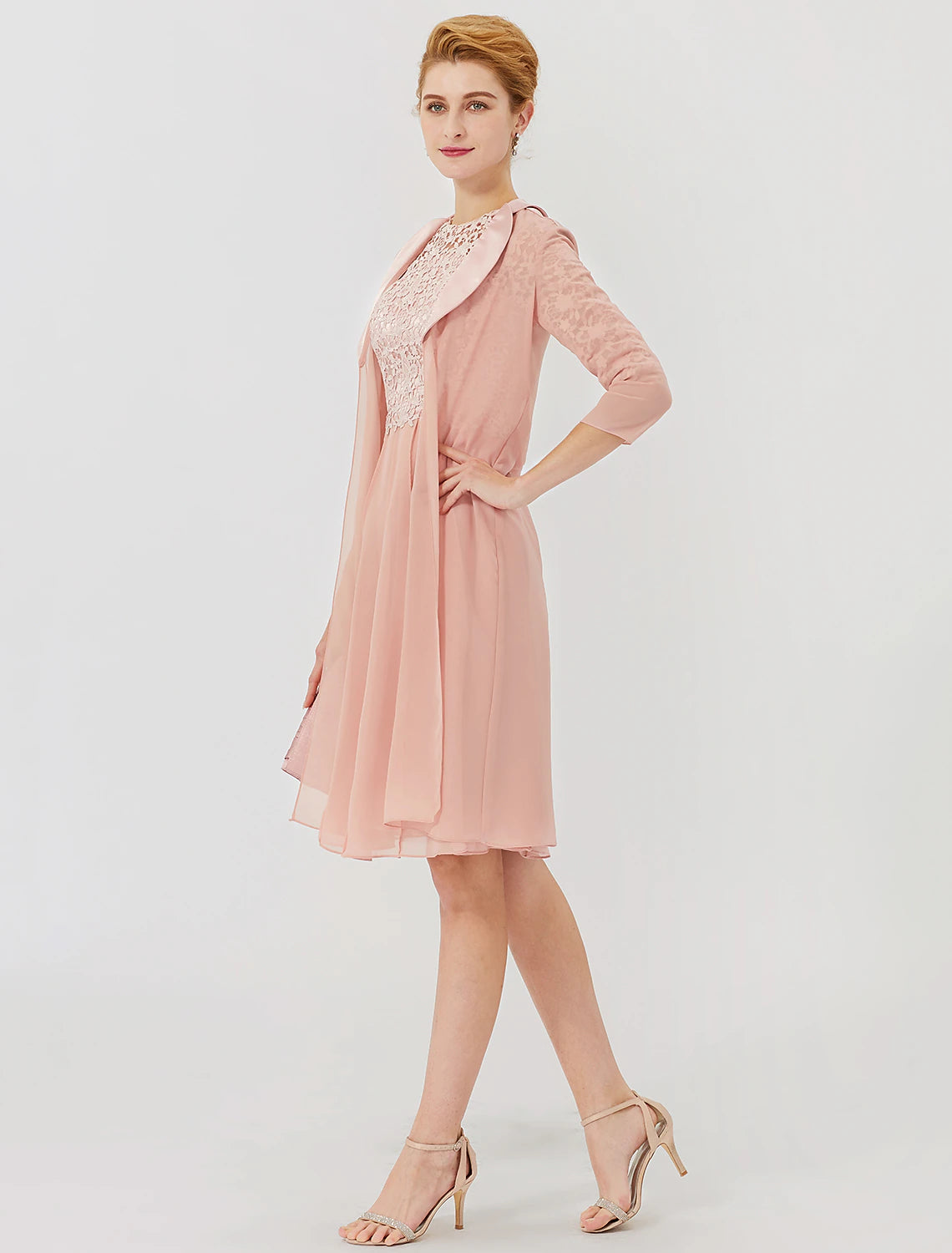 wholesale  Ball Gown Mother of the Bride Dress Formal Classic & Timeless Elegant & Luxurious Convertible Dress Illusion Neck Knee Length Chiffon Floral Lace 3/4 Length Sleeve with Crystal Brooch