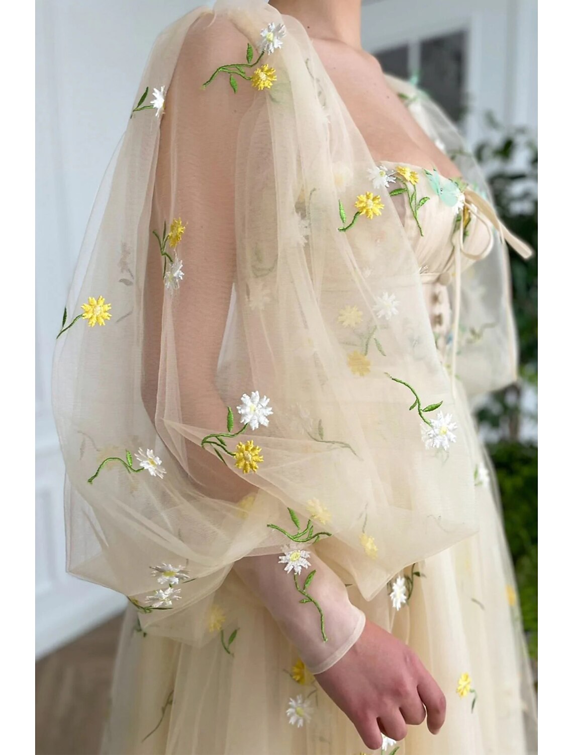 Wholesa A-Line Prom Party Dress Floral Dress Wedding Guest Engagement Ankle Length Long Sleeve Sweetheart Lace Backless with Pleats Ruched