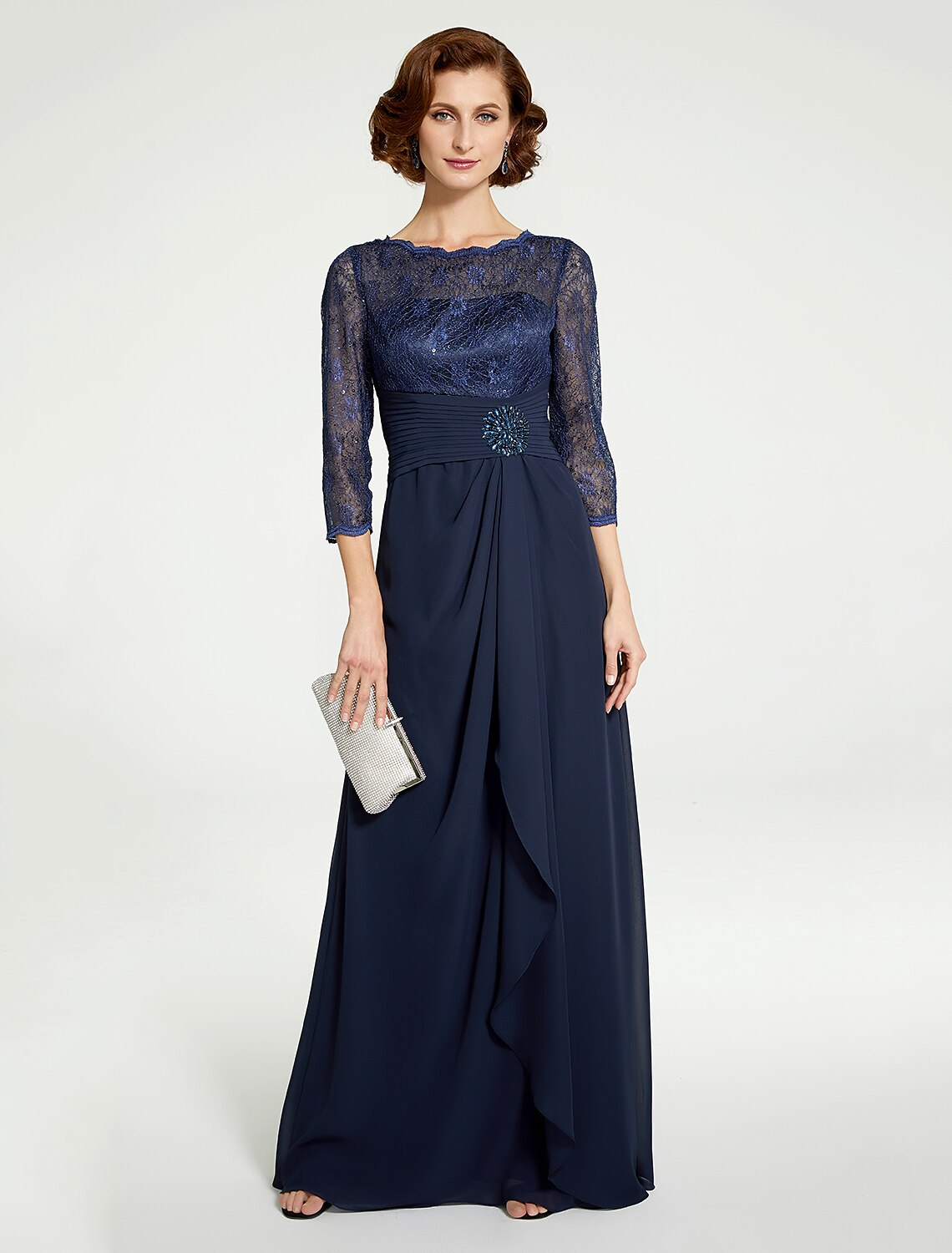 wholesale   A-Line Mother of the Bride Dress Jewel Neck Floor Length Chiffon Lace 3/4 Length Sleeve with Lace Ruching