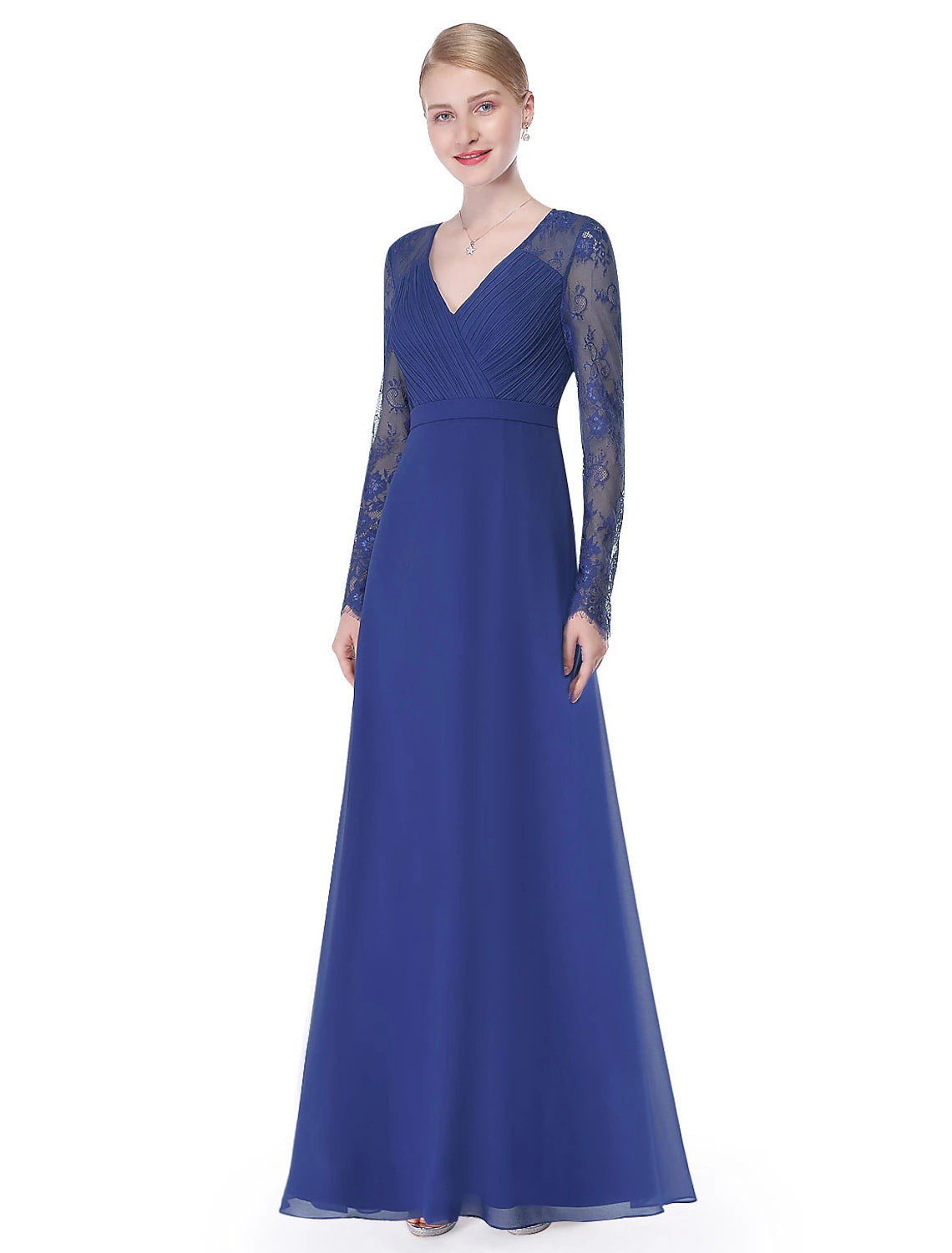 wholesaA-Line Evening Gown Elegant Dress Wedding Guest Formal Evening Floor Length Long Sleeve V Neck Chiffon with Sash / Ribbon Ruched Lace Insert