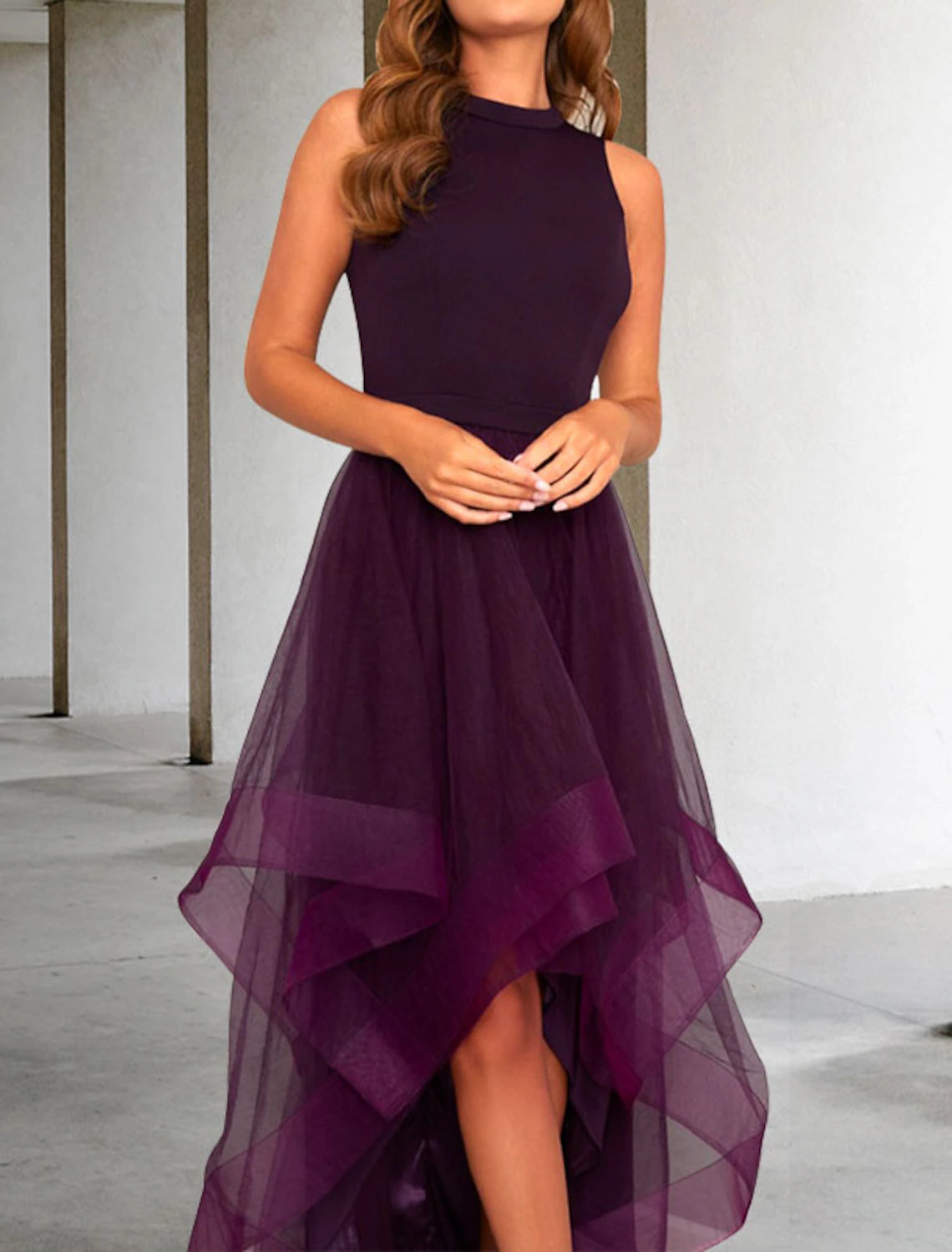 Wholesa A-Line Prom Dresses Elegant Dress Prom Asymmetrical Sleeveless Jewel Neck Fall Wedding Guest Polyester with Pleats