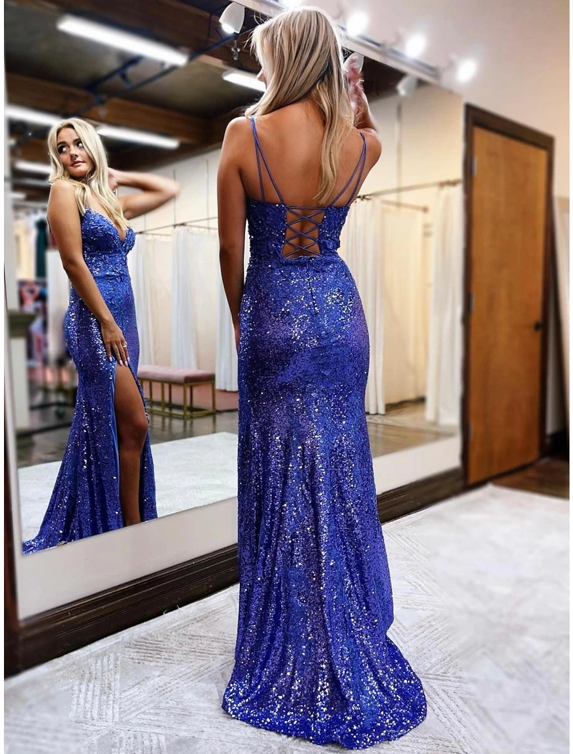 Wholesa Mermaid / Trumpet Prom Dresses Sparkle & Shine Dress Formal Wedding Party Sweep / Brush Train Sleeveless V Neck Sequined Backless with Glitter Sequin