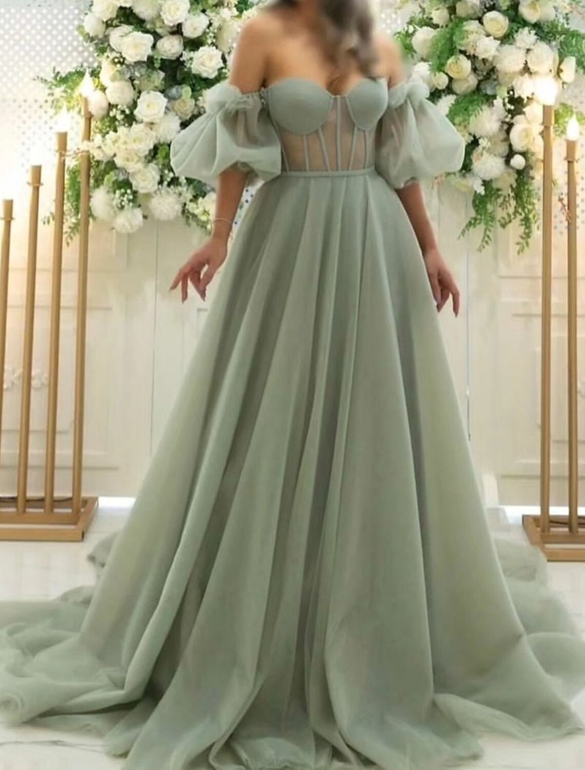 Wholesa A-Line Prom Dresses Corsets Dress Wedding Black Tie Court Train Short Sleeve Strapless Tulle with Ruched