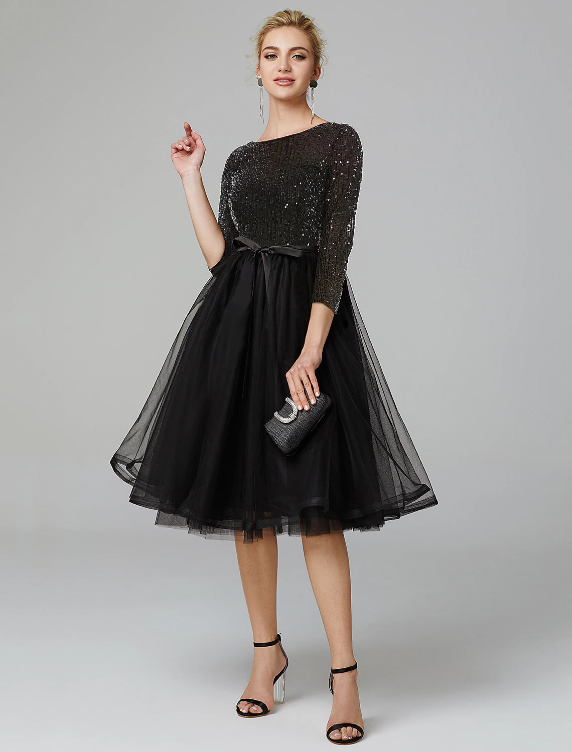 Wholesa  A-Line Cocktail Dresses Sparkle & Shine Dress Formal Wedding Guest Tea Length 3/4 Length Sleeve Jewel Neck Fall Wedding Guest Tulle with Sequin Strappy