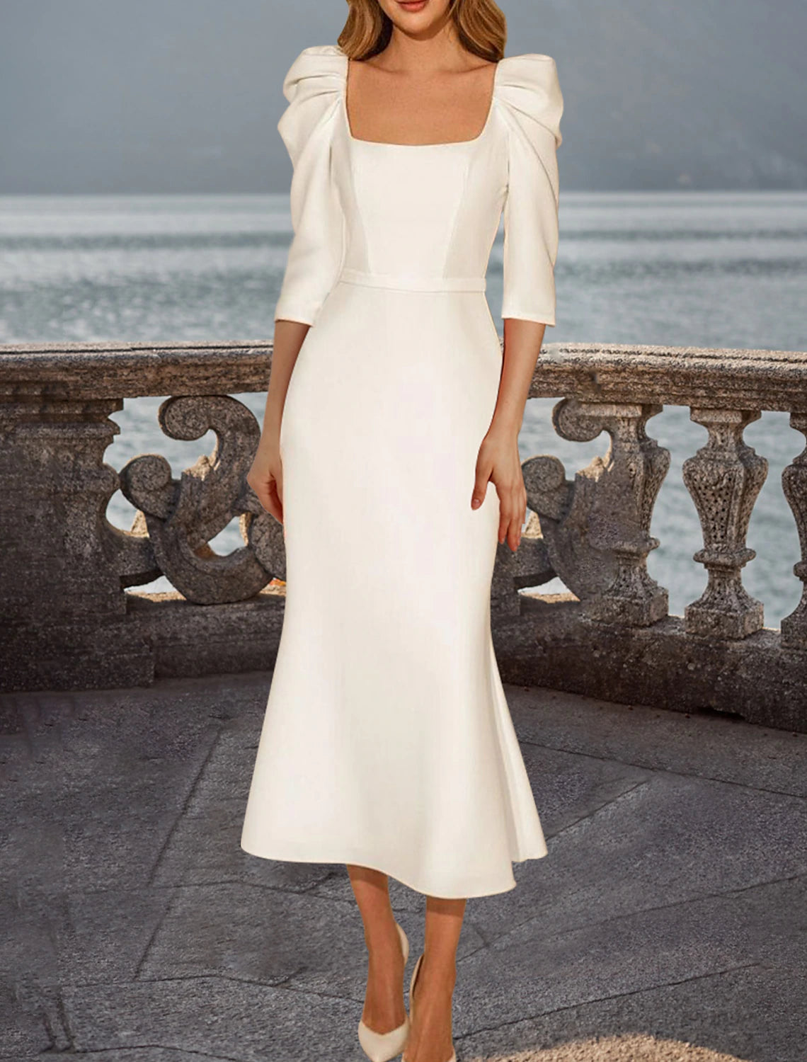 Wholesa Reception Vintage 1940s / 1950s Simple Wedding Dresses Wedding Dresses A-Line V Neck 3/4 Length Sleeve Tea Length Satin Bridal Gowns With Solid Color