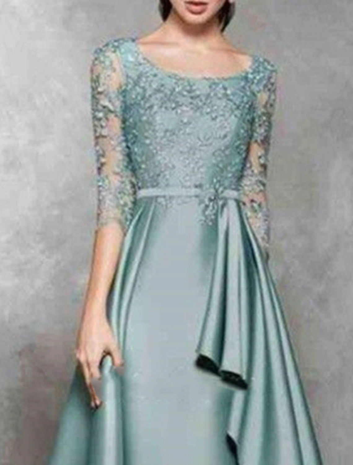 Wholesa  A-Line Mother of the Bride Dress Wedding Guest Elegant Jewel Neck Floor Length Satin Lace 3/4 Length Sleeve No with Sash / Ribbon Ruffles Appliques