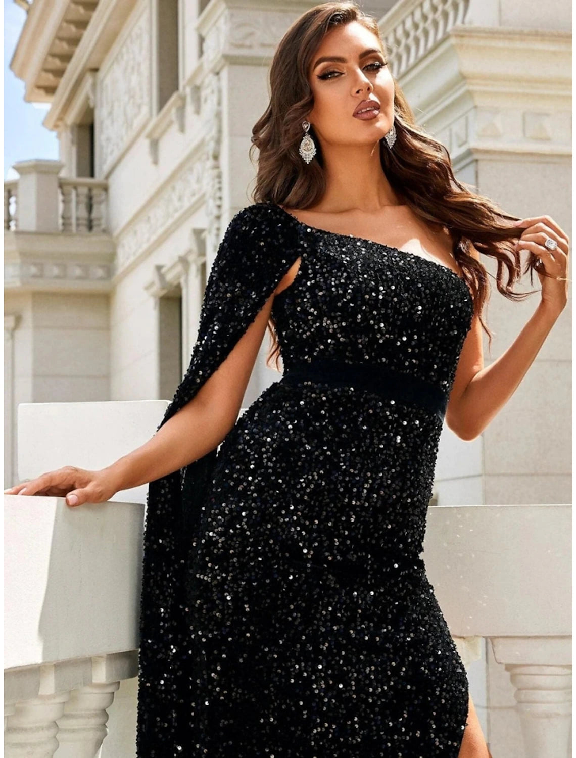 Wholesa Mermaid / Trumpet Evening Gown Elegant Dress Formal Ankle Length Sleeveless One Shoulder Sequined with Glitter Slit