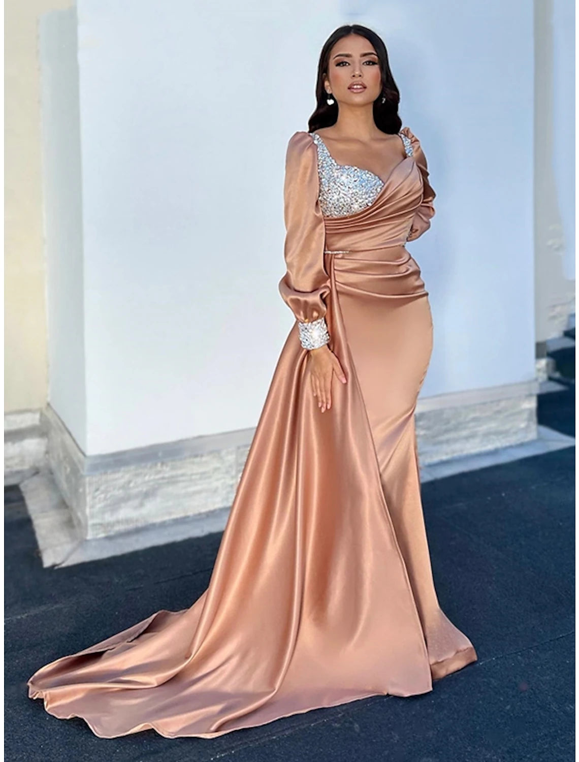 Wholesa A-Line Evening Gown Elegant Dress Formal Fall Court Train Long Sleeve Square Neck Satin with Glitter Ruched