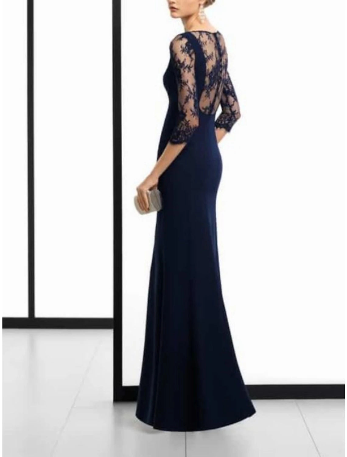 Wholesa  Sheath / Column Mother of the Bride Dress Wedding Guest Vintage Party Scoop Neck Floor Length Lace Stretch Fabric 3/4 Length Sleeve with Solid Color