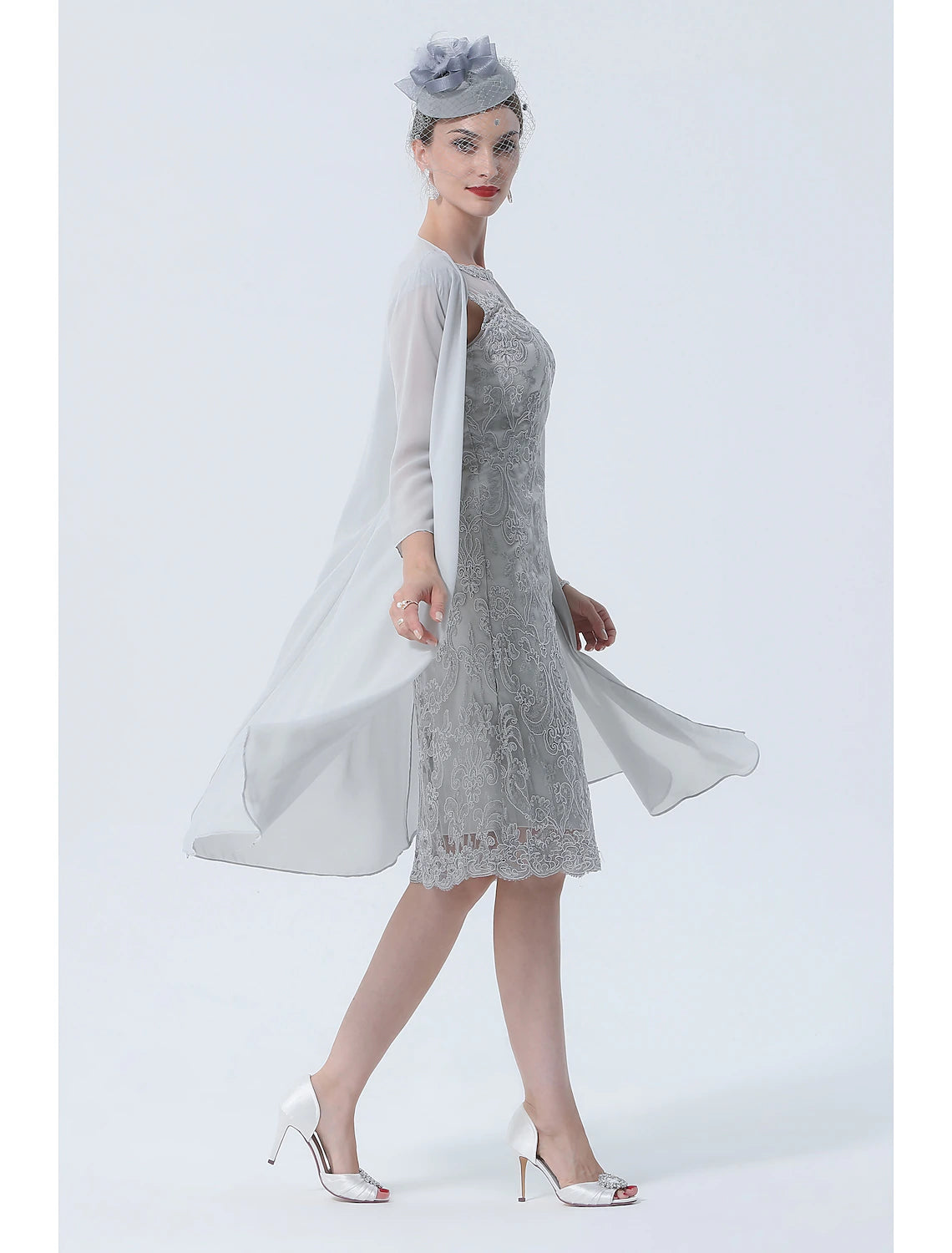 wholesale  Two Piece Mother of the Bride Dress Church Vintage Plus Size Sexy Jewel Neck Tea Length Chiffon 3/4 Length Sleeve with Lace