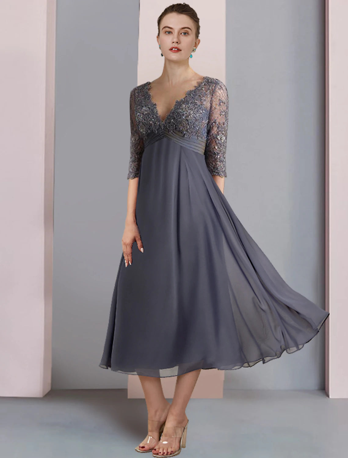 wholesale  A-Line Mother of the Bride Dress Formal Wedding Guest Vintage Elegant V Neck Tea Length Chiffon Lace Half Sleeve with Beading Sequin Appliques