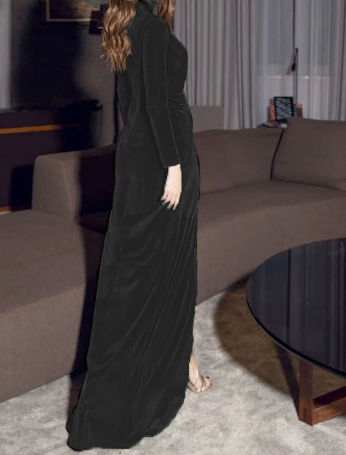 Wholesa Sheath Evening Gown Vintage Dress Red Green Dress Formal Evening Floor Length Long Sleeve V Neck Fall Wedding Guest Velvet with Draping Slit