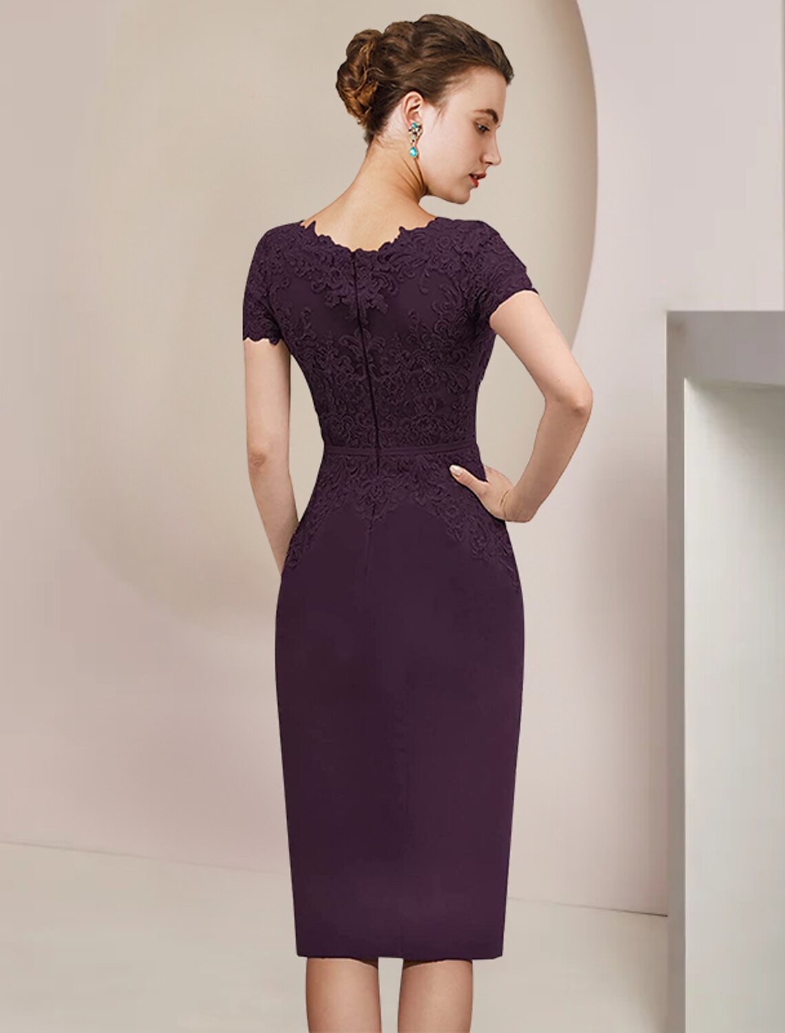 wholesale  Two Piece Sheath / Column Mother of the Bride Dress Formal Wedding Guest Elegant V Neck Knee Length Chiffon Lace Short Sleeve Jacket Dresses with Appliques