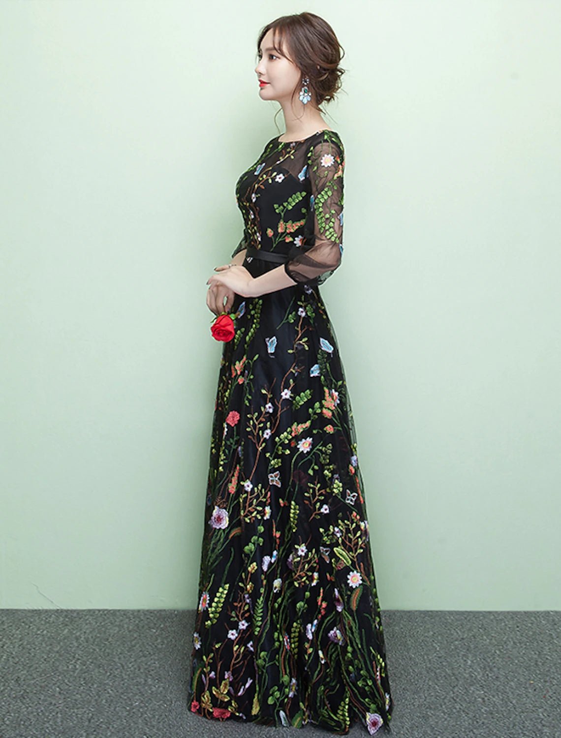 wholesa A-Line Elegant Sparkle & Shine Formal Evening Dress Jewel Neck 3/4 Length Sleeve Floor Length Lace with Embroidery