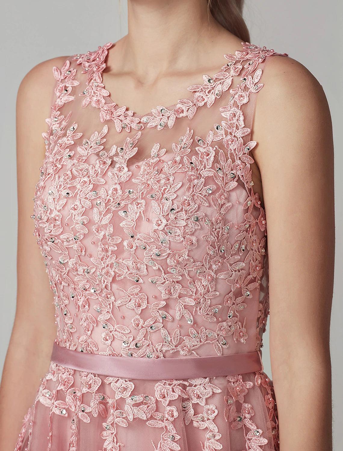 Wholesa A-Line Cute Dress Cocktail Party Prom Knee Length Sleeveless Illusion Neck Tulle Over Lace with Beading Appliques