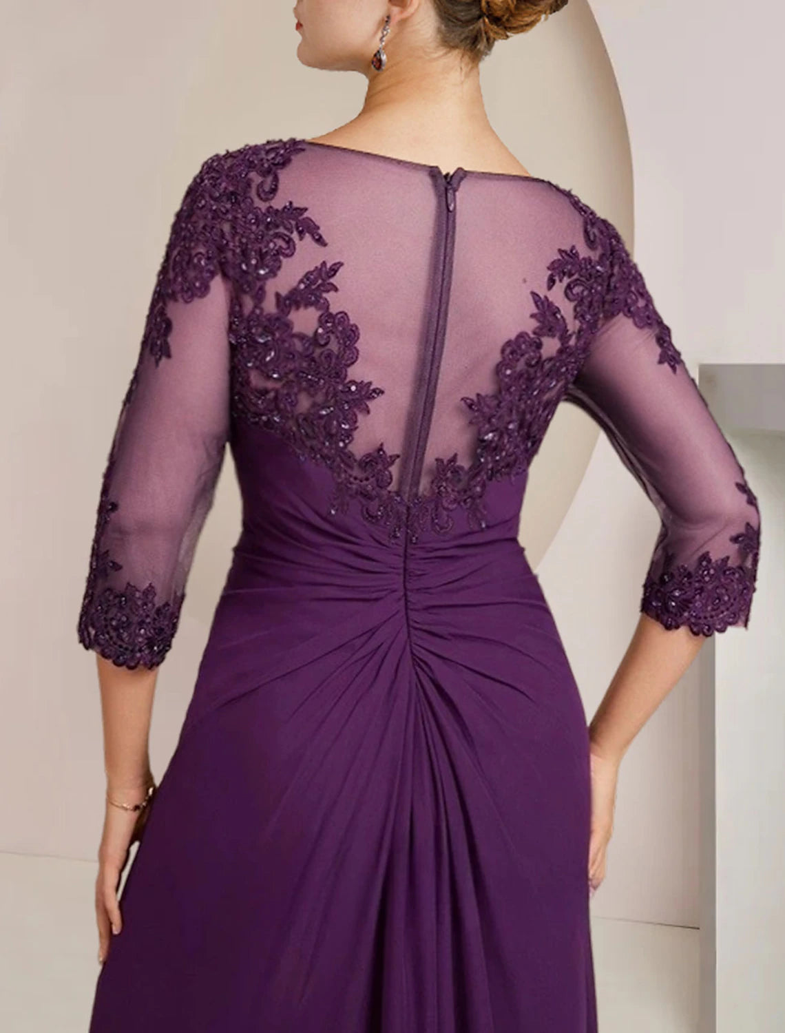 wholesale  Sheath / Column Mother of the Bride Dress Formal Fall Wedding Guest Elegant Sequin Scoop Neck Floor Length Chiffon Lace 3/4 Sleeve with Appliques Sparkle & Shine