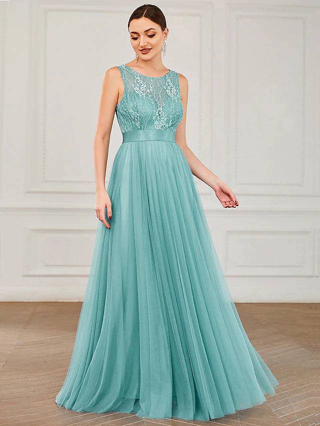 Wholesa A-Line Prom Dresses Elegant Dress Wedding Guest Floor Length Sleeveless Jewel Neck Tulle with Sequin Pure Color