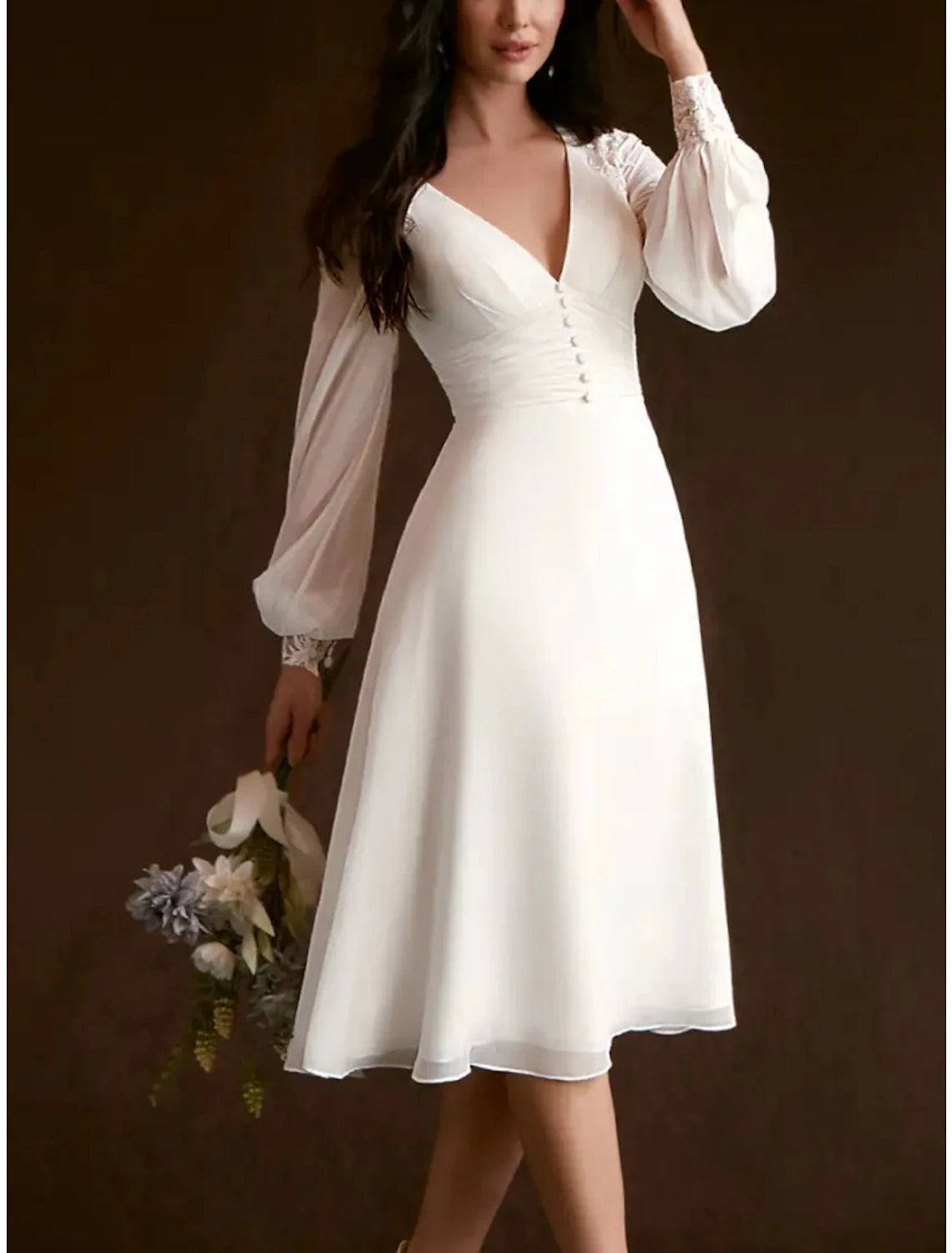 Wholesa Little White Dresses Wedding Dresses A-Line V Neck Long Sleeve Knee Length Chiffon Bridal Gowns With Pleats Ruched