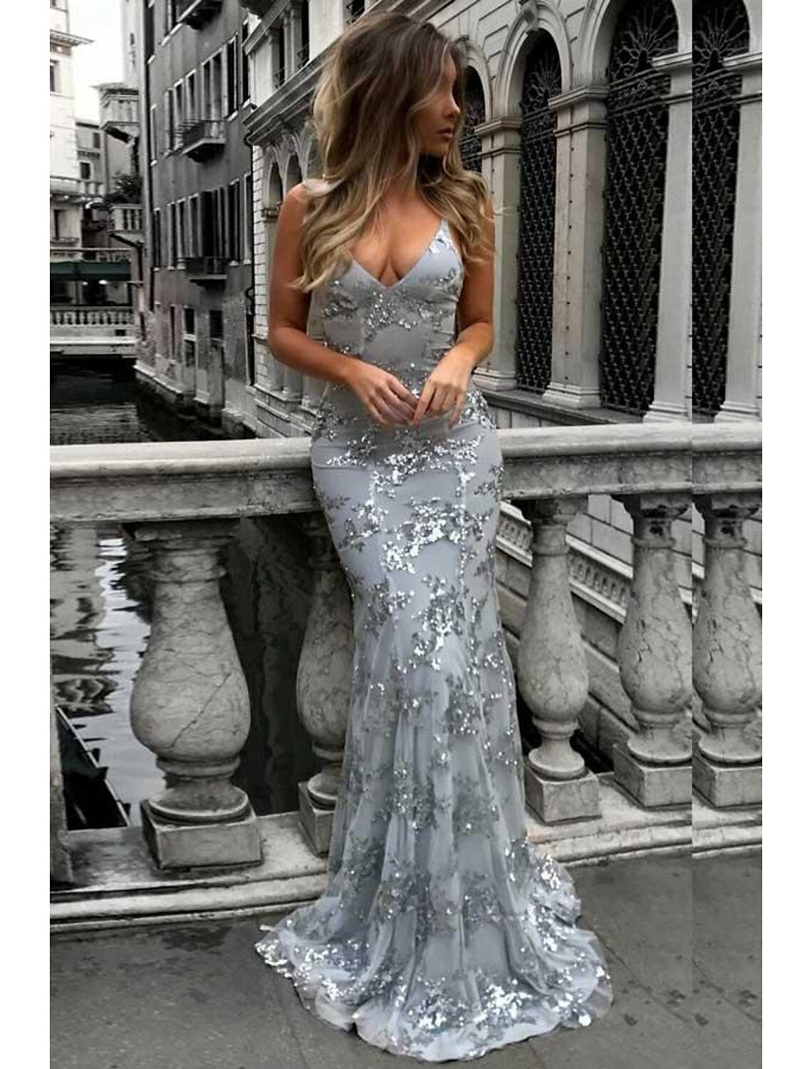 Wholesa Mermaid / Trumpet Prom Dresses Sparkle & Shine Dress Formal Wedding Party Sweep / Brush Train Sleeveless V Neck Lace with Sequin