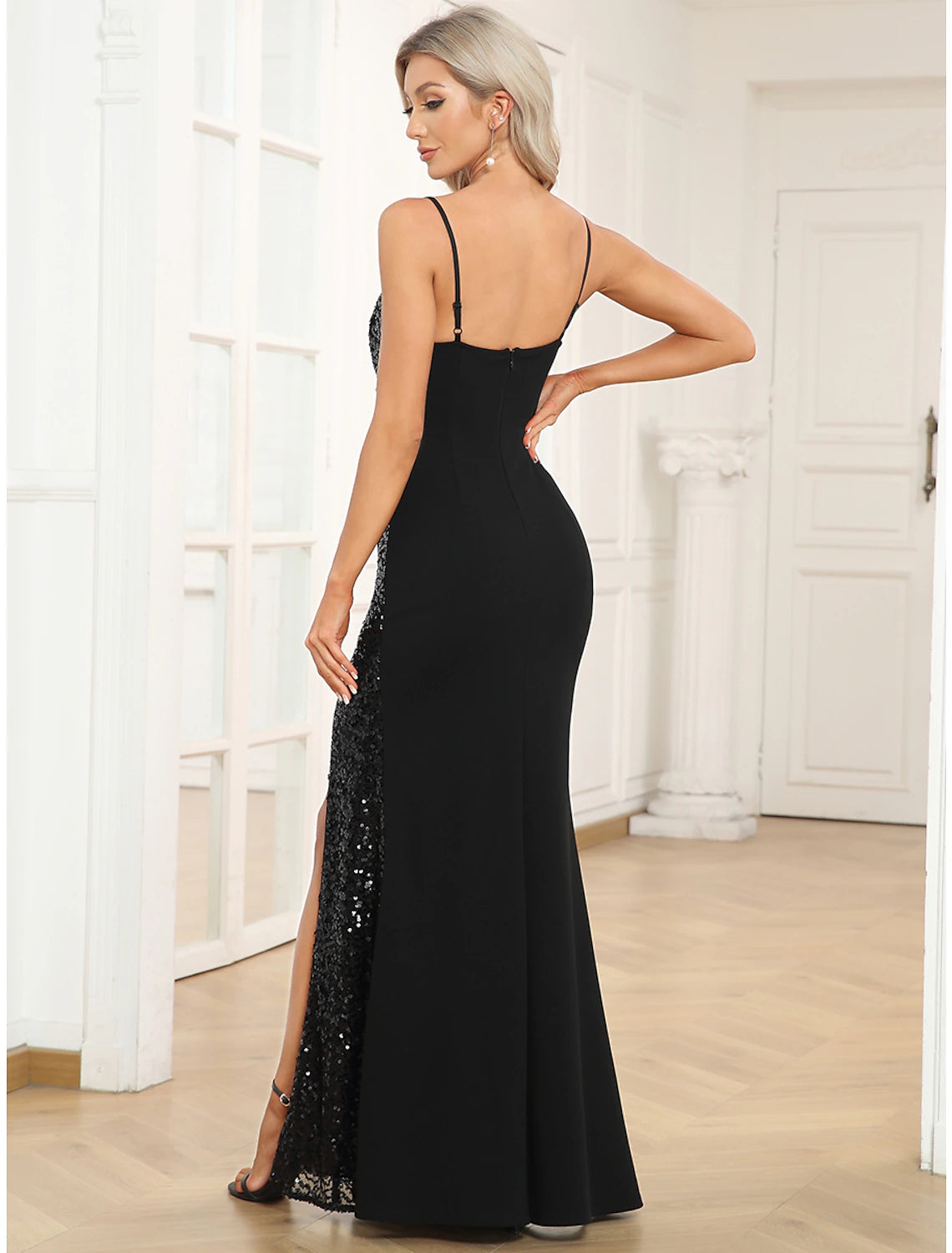 Wholesa Mermaid / Trumpet Evening Gown Vintage Dress Prom Birthday Floor Length Sleeveless V Neck Polyester with Sequin Slit