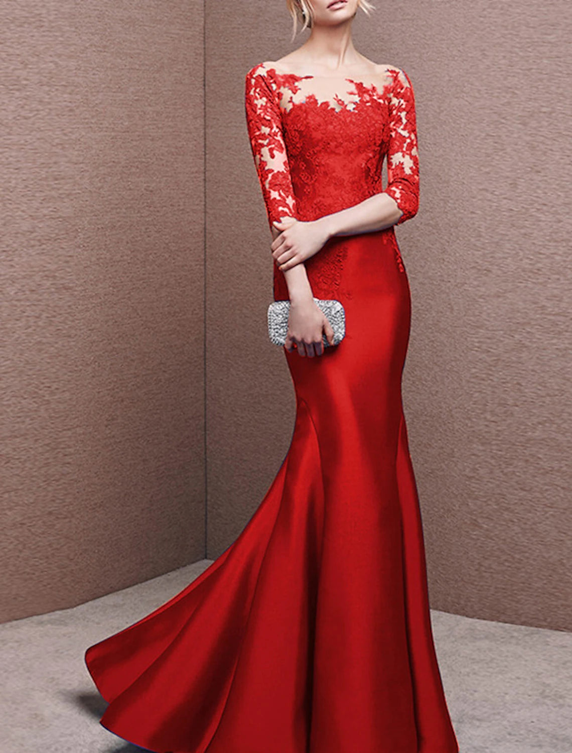 Wholesa Mermaid Dress Evening Gown Elegant Red Green Dress Formal Wedding Guest Sweep / Brush Train 3/4 Length Sleeve Off Shoulder Satin with Buttons Pleats Appliques