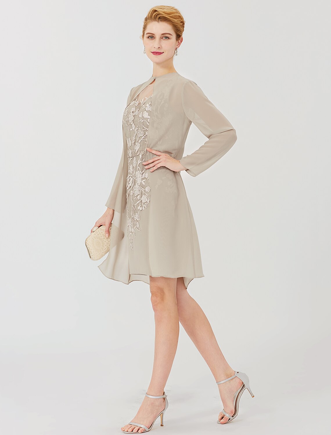 wholesale   Sheath / Column Mother of the Bride Dress Formal Classic & Timeless Elegant & Luxurious Convertible Dress Illusion Neck Knee Length Chiffon All Over Lace Long Sleeve with Appliques