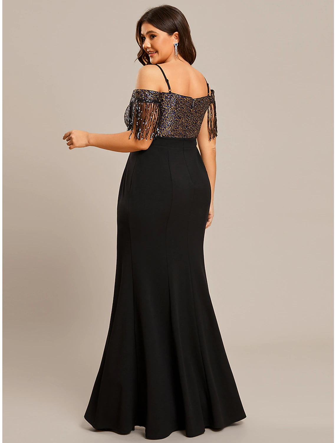 Wholesa Mermaid / Trumpet Wedding Guest Dresses Minimalist Dress Formal Black Tie Floor Length Short Sleeve Off Shoulder Stretch Fabric with Fringe Tassel