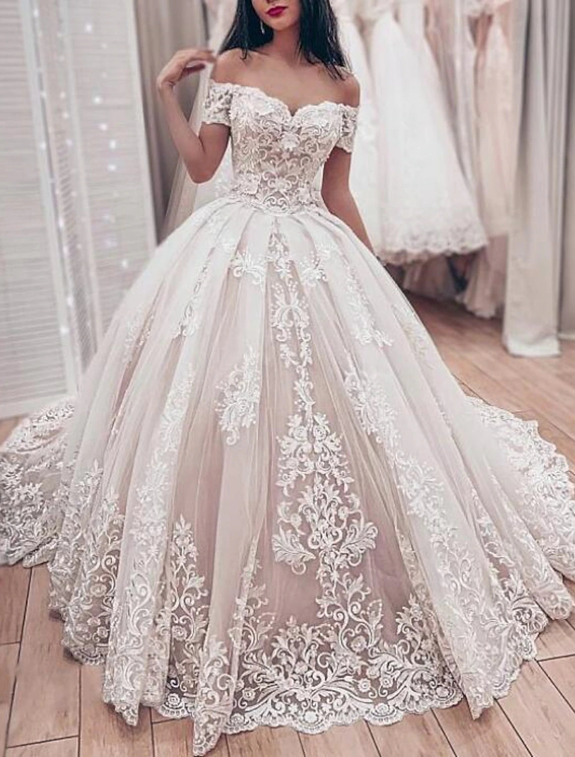 wholesale  Engagement Formal Fall Wedding Dresses Ball Gown Off Shoulder Cap Sleeve Chapel Train Lace Bridal Gowns With Pleats Appliques