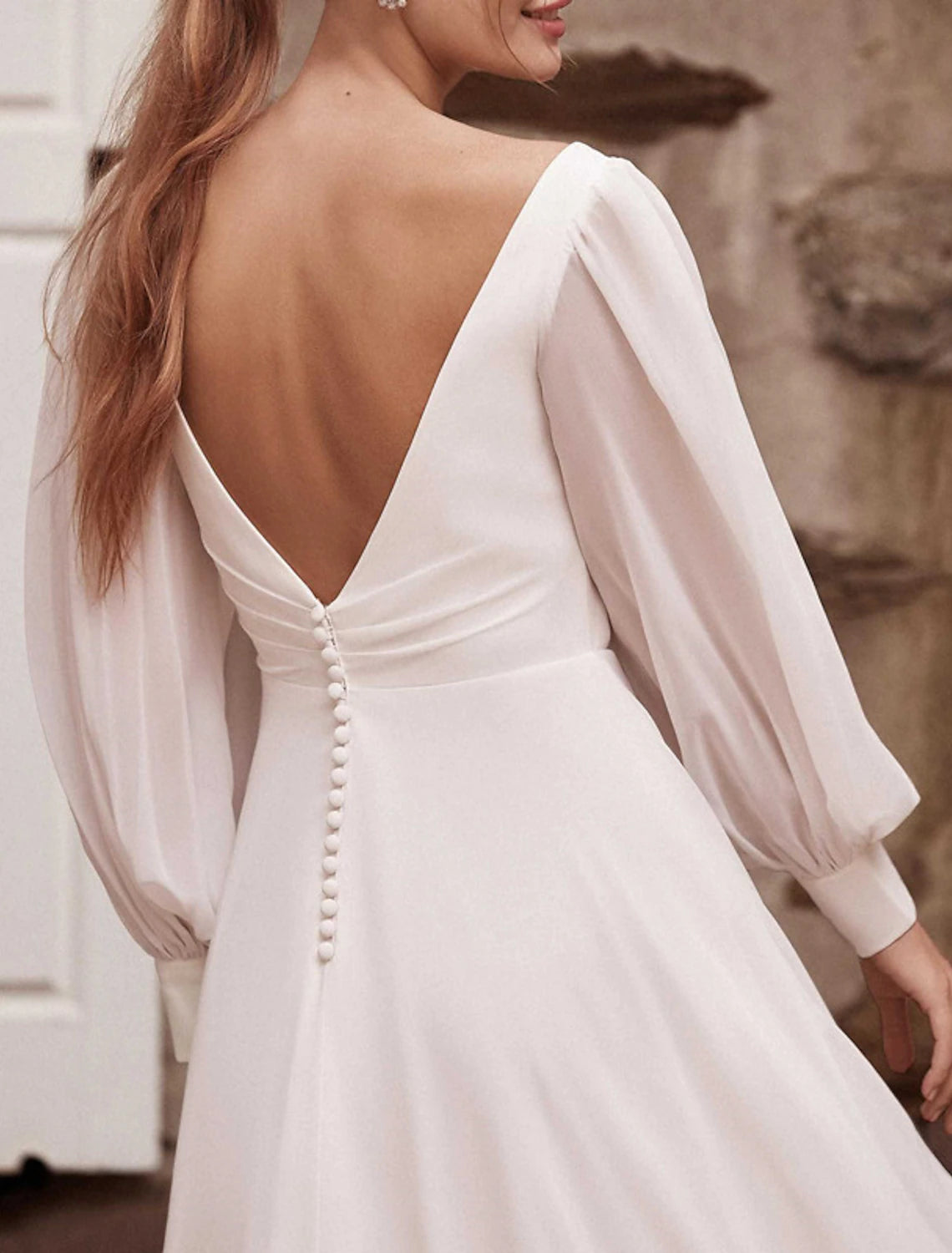 Wholesa Hall Casual Wedding Dresses A-Line V Neck Long Sleeve Court Train Chiffon Bridal Gowns With Solid Color