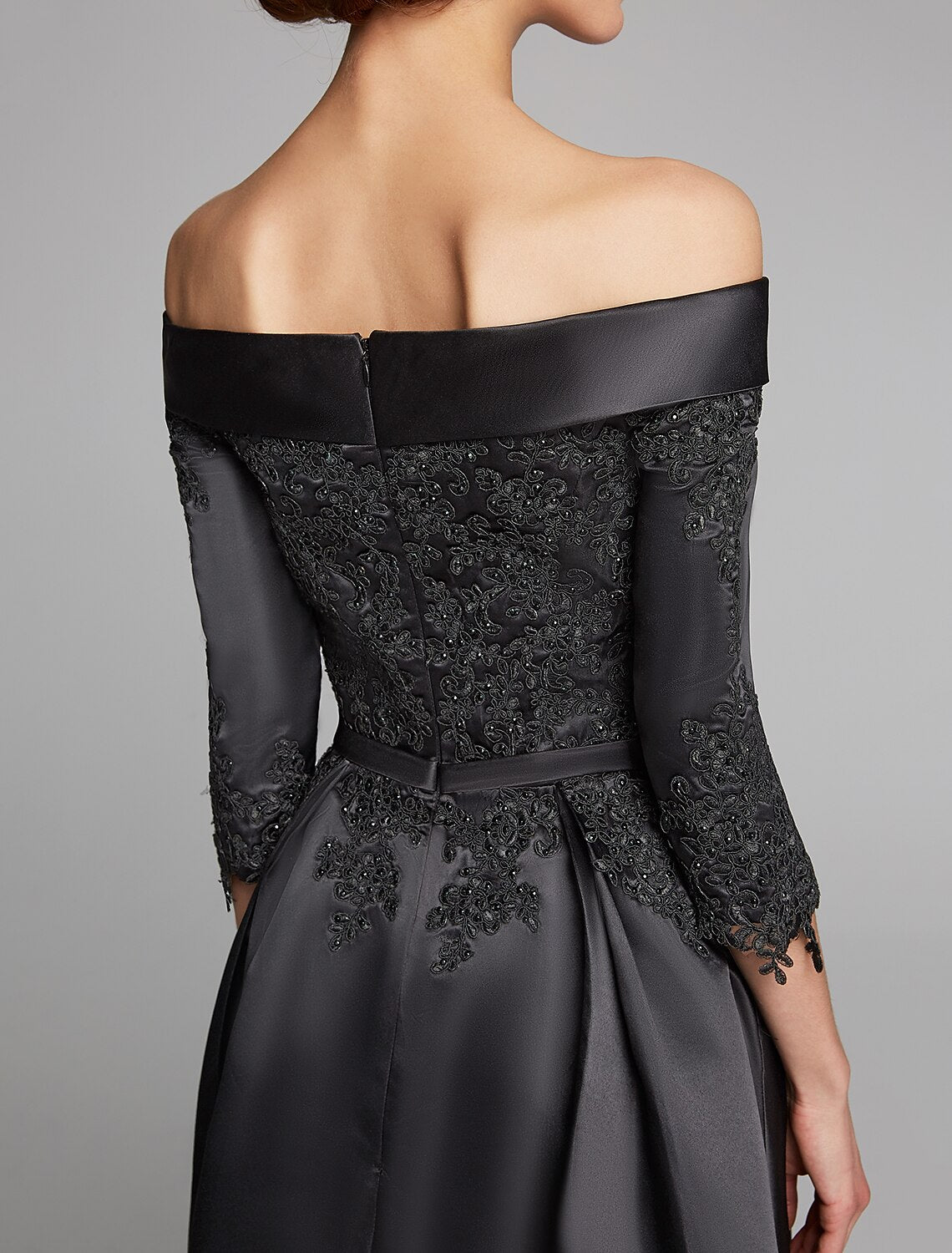 wholesale  A-Line Mother of the Bride Dress Plus Size Sexy Off Shoulder Tea Length Satin Lace 3/4 Length Sleeve with Lace Sash / Ribbon