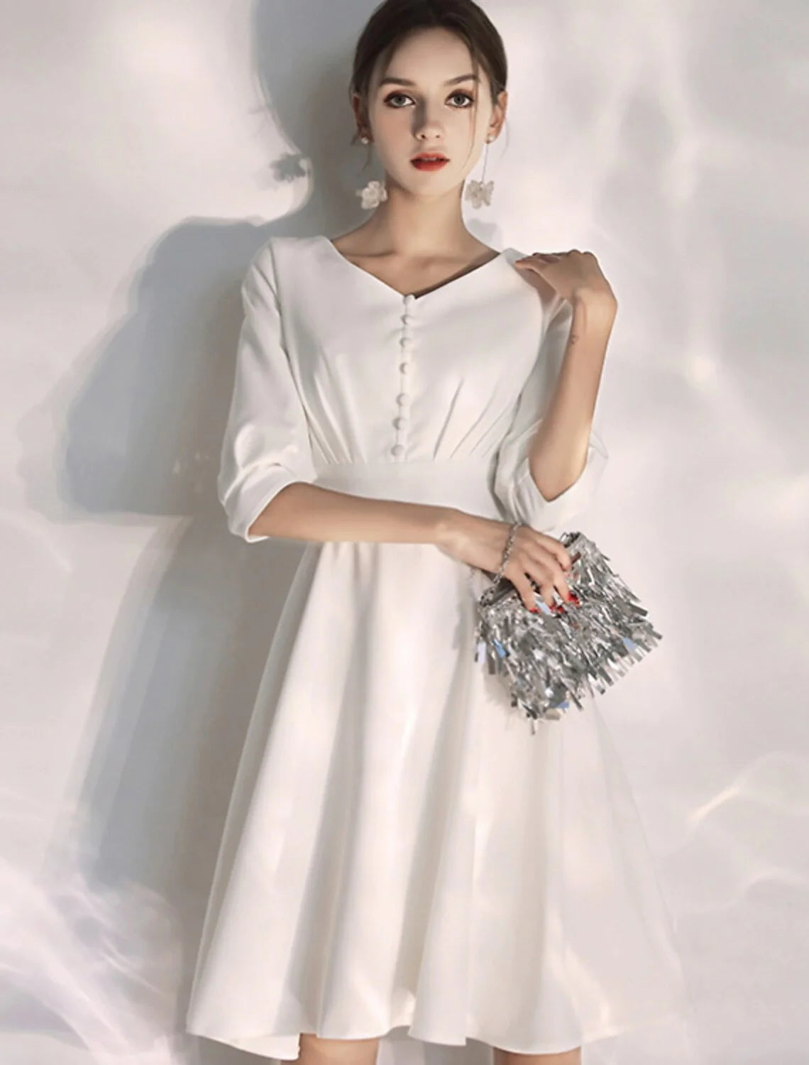 Wholesa Reception Little White Dresses Wedding Dresses A-Line V Neck Half Sleeve Knee Length Stretch Fabric Bridal Gowns With