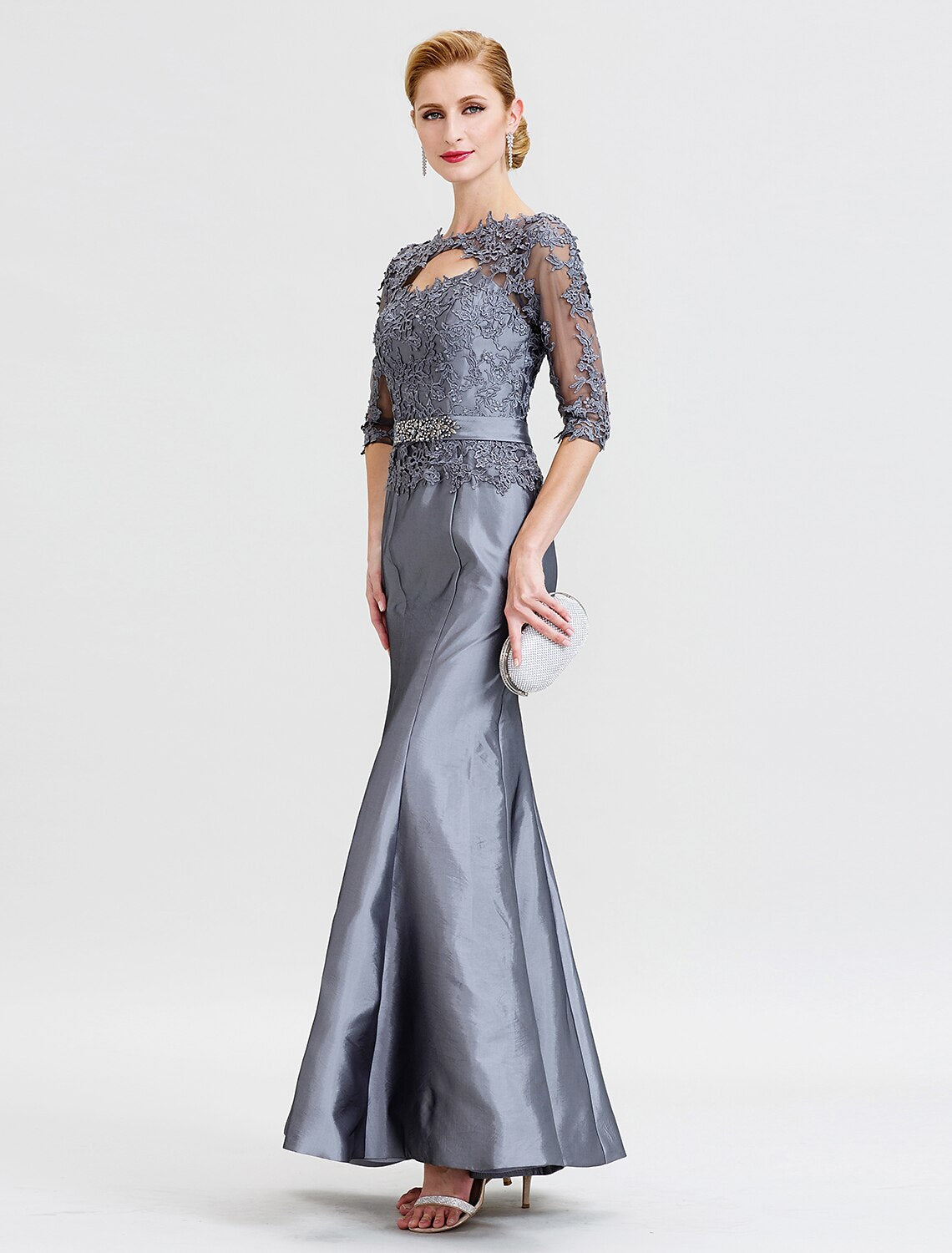 wholesale  Mermaid / Trumpet Mother of the Bride Dress Beautiful Back See Through Illusion Detail Jewel Neck Floor Length Taffeta Corded Lace 3/4 Length Sleeve with Beading