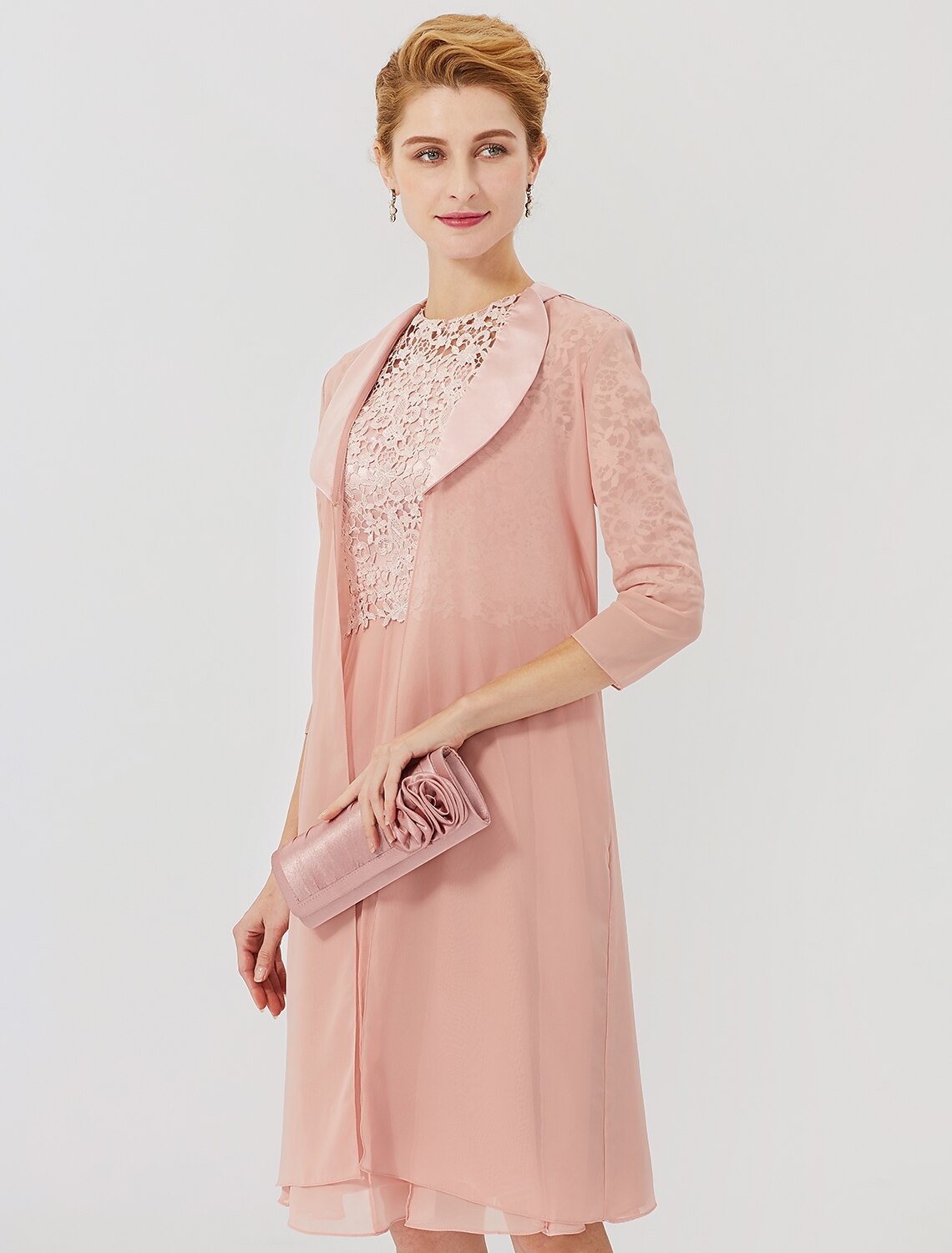 wholesale  Ball Gown Mother of the Bride Dress Formal Classic & Timeless Elegant & Luxurious Convertible Dress Illusion Neck Knee Length Chiffon Floral Lace 3/4 Length Sleeve with Crystal Brooch