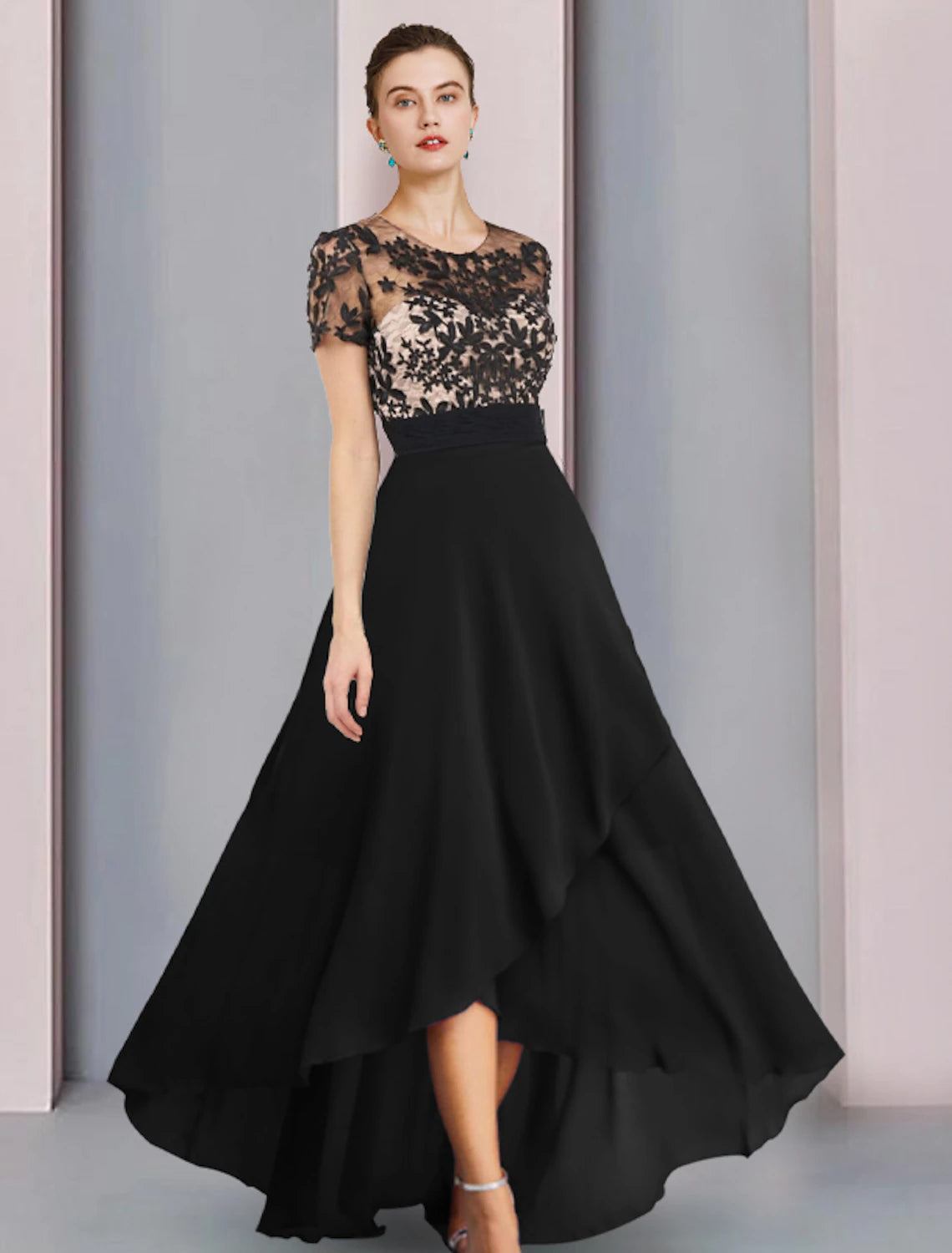 wholesale  Sheath / Column Mother of the Bride Dress Wedding Guest Vintage Elegant Scoop Neck Asymmetrical Chiffon Short Sleeve with Lace Pleats