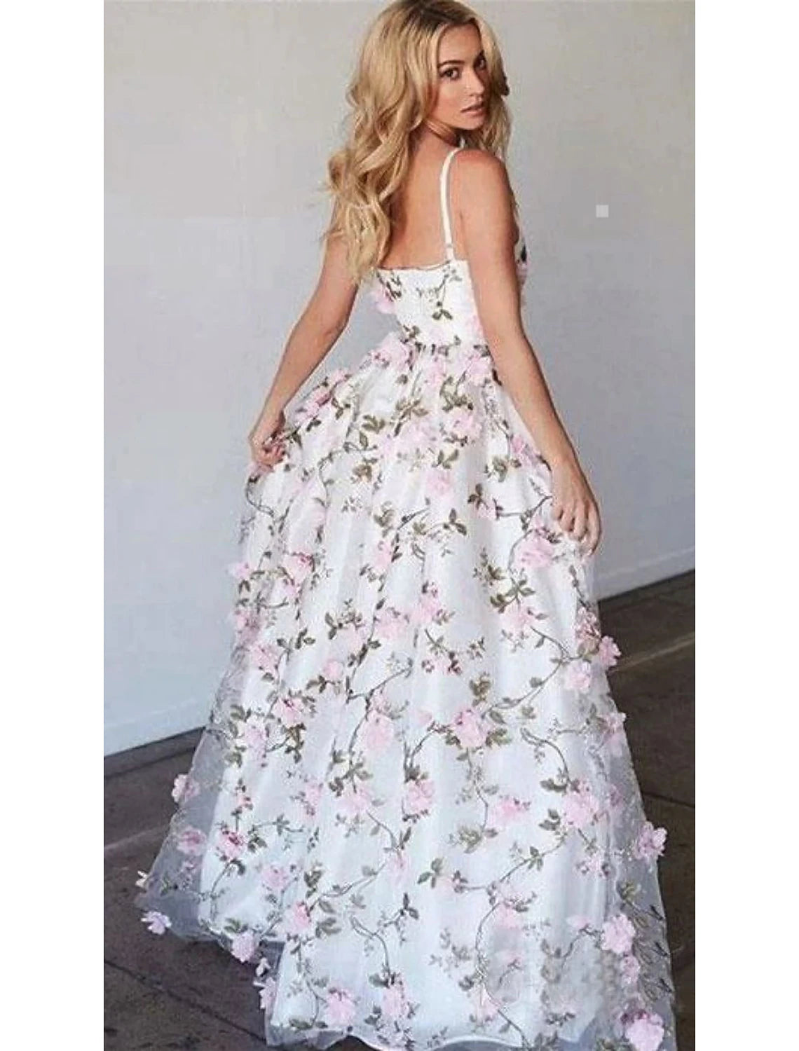 Wholesa A-Line Prom Dresses Floral Dress Formal Wedding Party Floor Length Sleeveless V Neck Lace with Floral Print