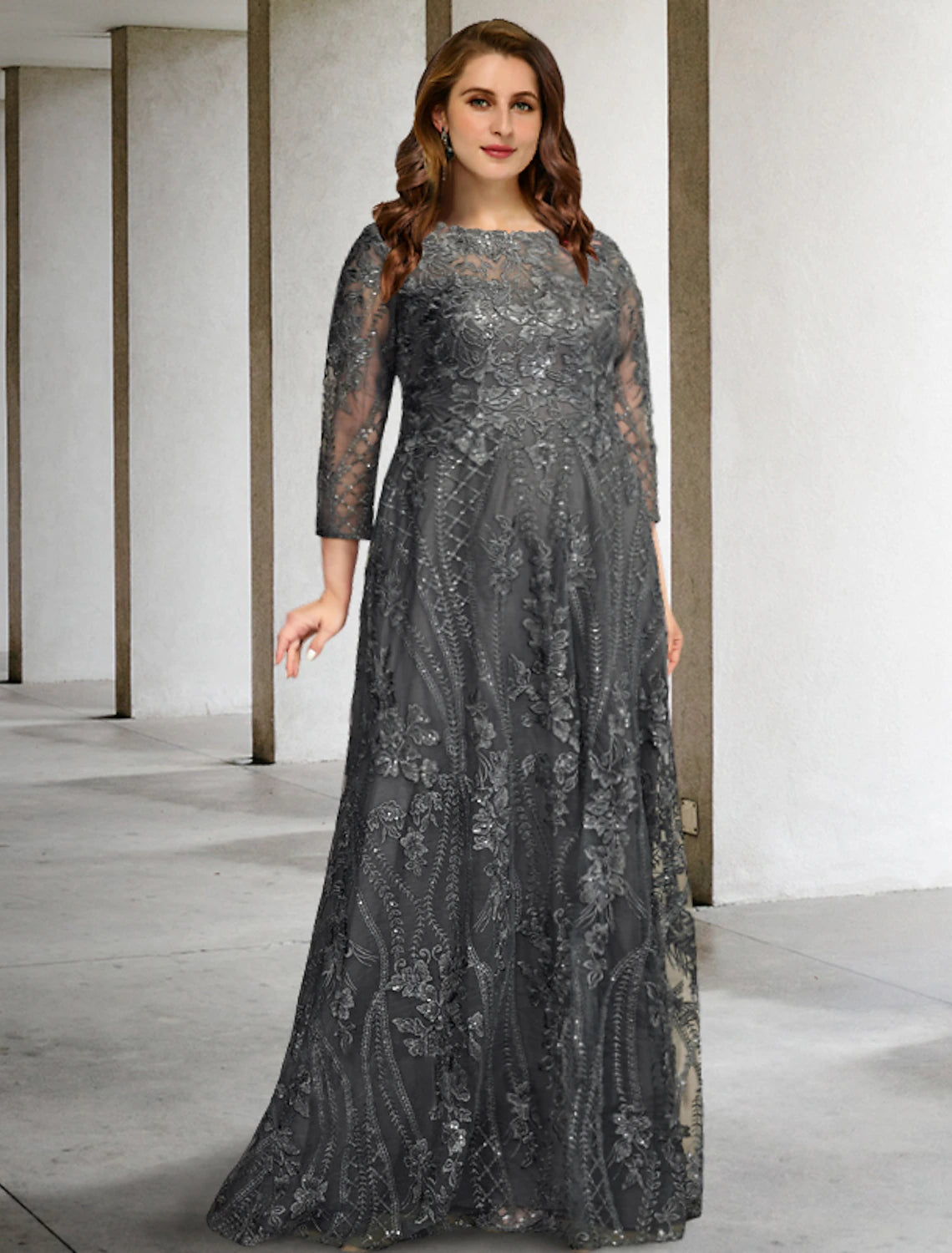 wholesale  A-Line Mother of the Bride Dresses Plus Size Hide Belly Curve Elegant Dress Formal Sweep / Brush Train Long Sleeve Jewel Neck Chiffon with Applique