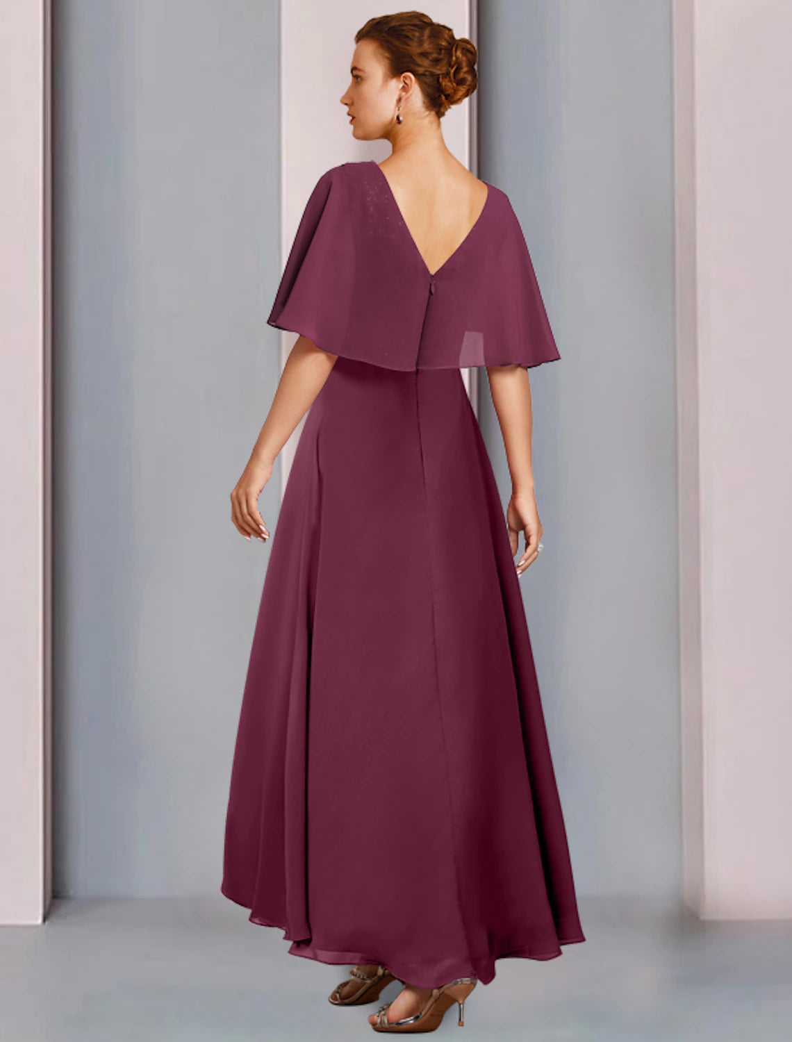 wholesale  Sheath / Column Mother of the Bride Dress Wedding Guest Party Elegant V Neck Asymmetrical Chiffon Lace Half Sleeve with Pleats Sequin