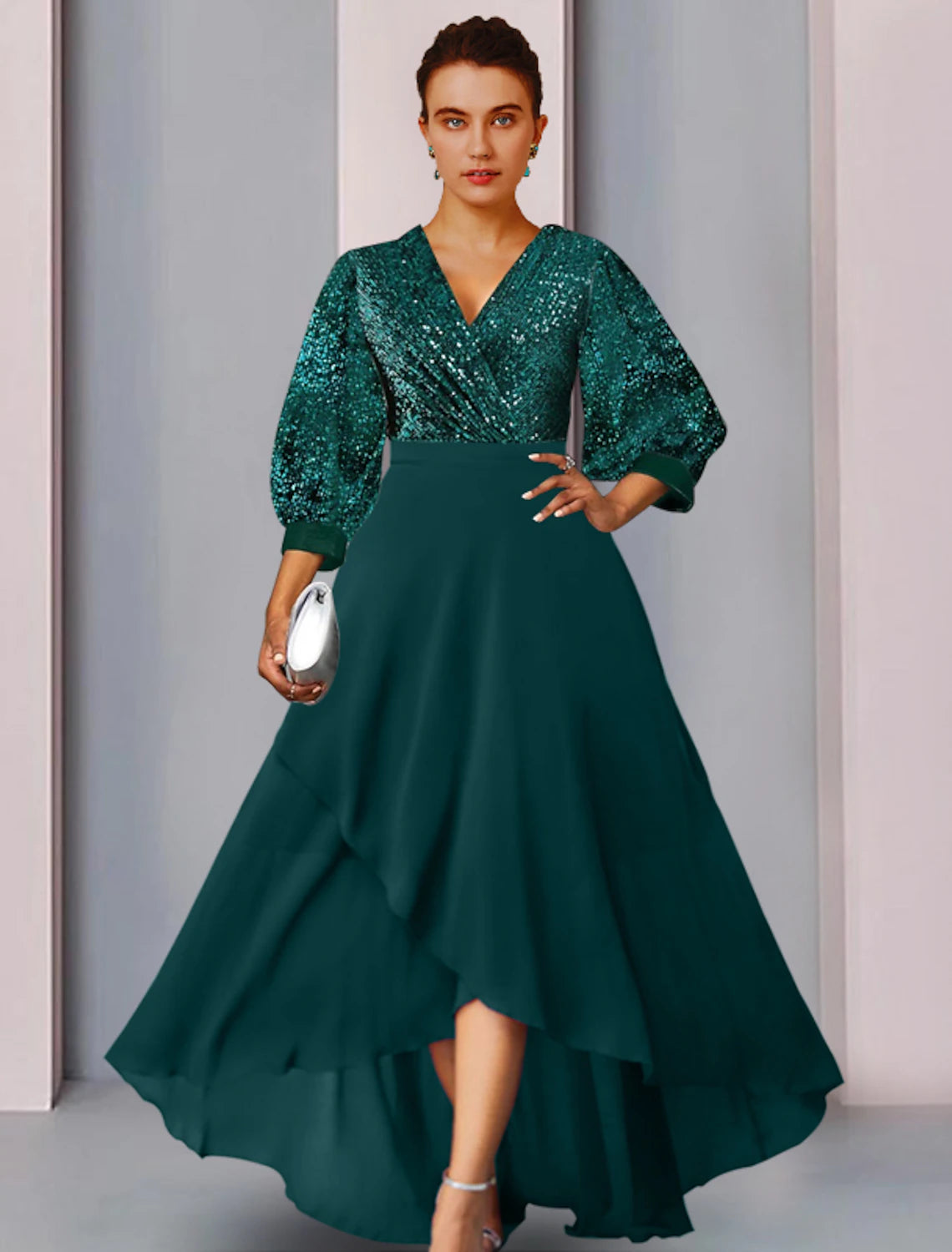 wholesale Sheath / Column Mother of the Bride Dress Wedding Guest Elegant Sparkle & Shine V Neck Asymmetrical Chiffon Lace Long Sleeve with Pleats Sequin