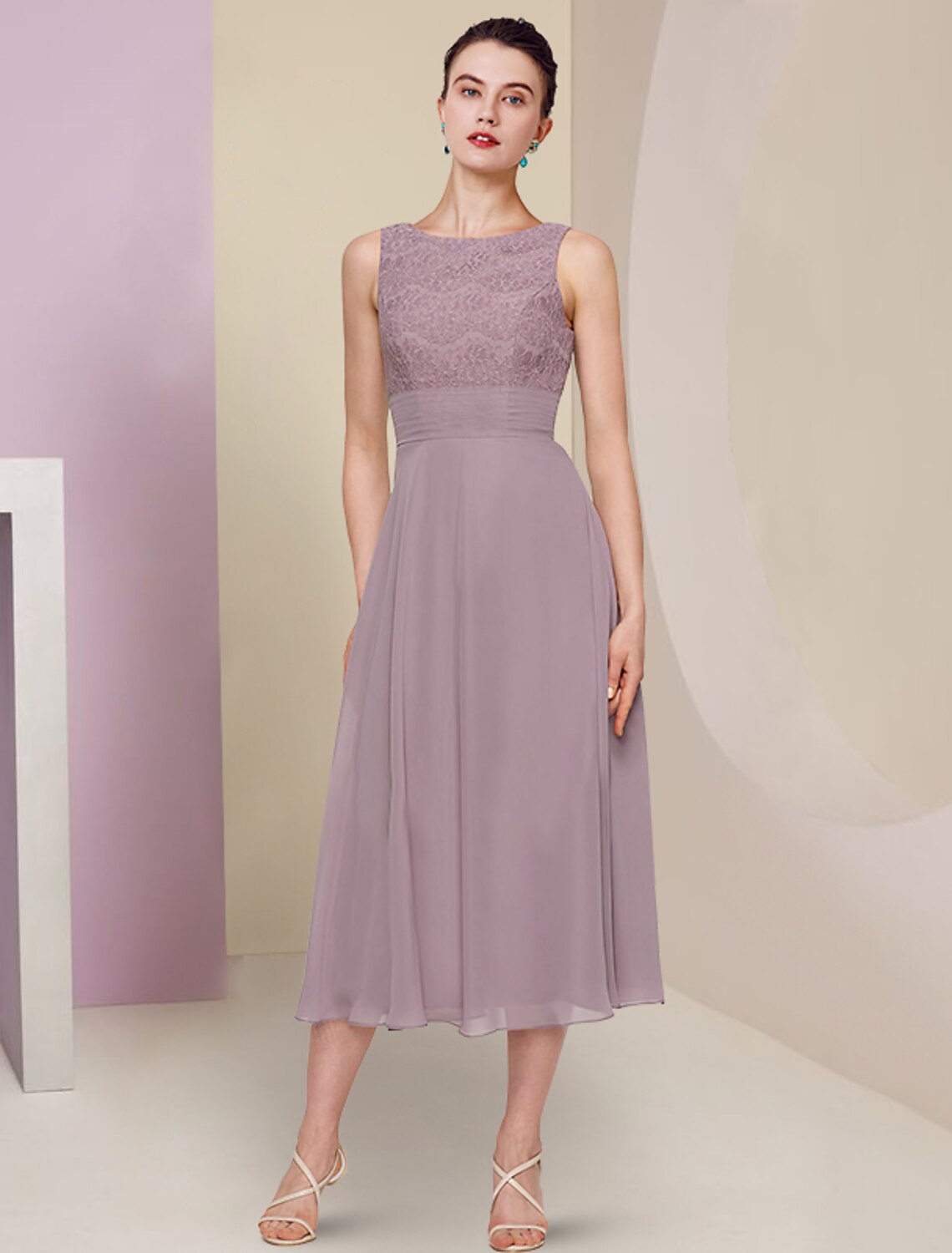 wholesale  Two Piece Mother of the Bride Dress Wedding Guest Church Elegant Jewel Neck Tea Length Chiffon Lace Half Sleeve with Solid Color