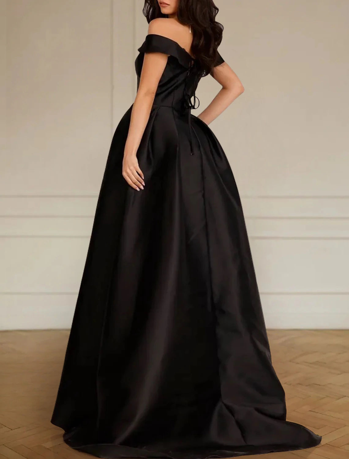 Wholesa Engagement Formal Black Wedding Dresses A-Line Off Shoulder Sleeveless Sweep / Brush Train Satin Bridal Gowns With Pleats Split Front