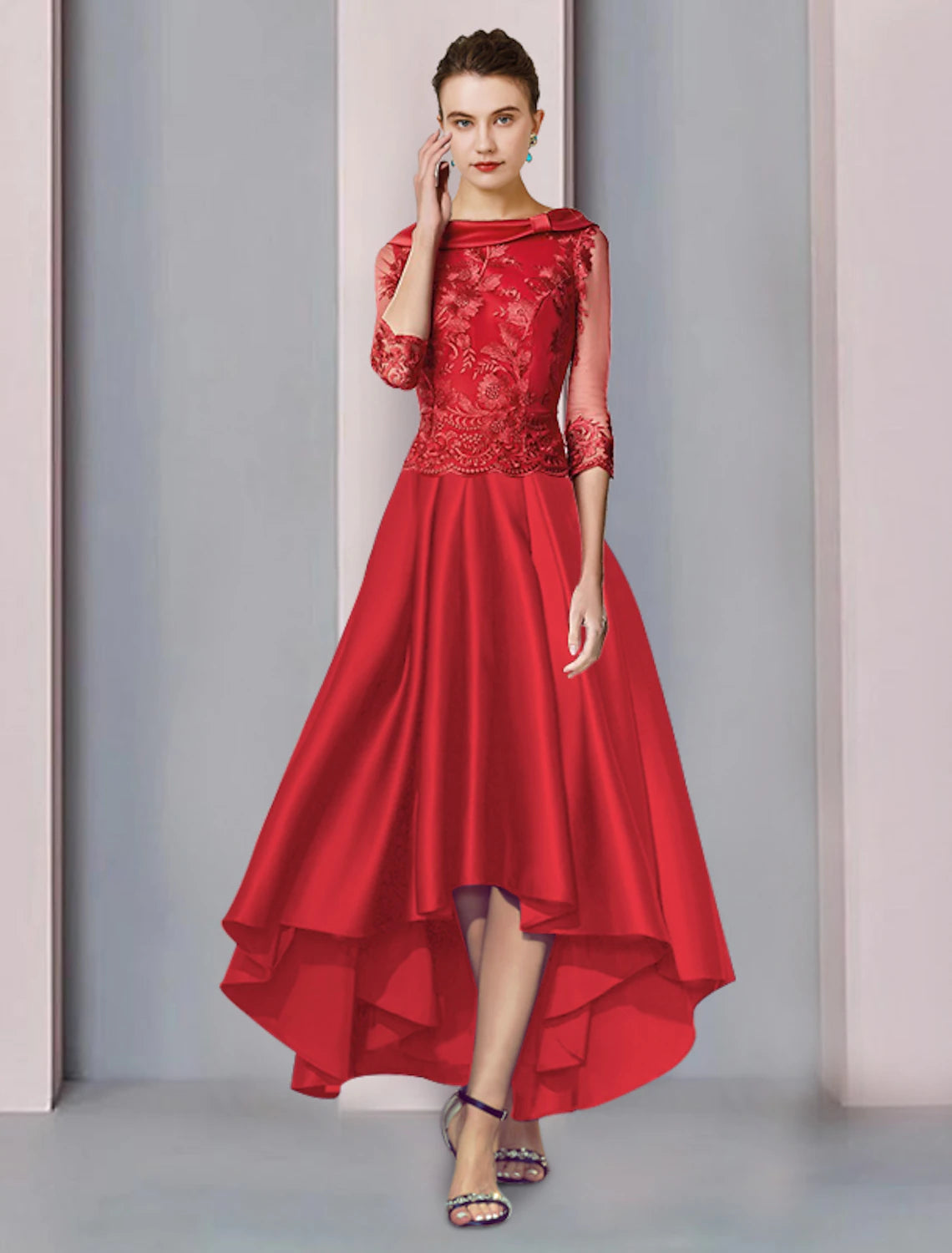 wholesale  A-Line Mother of the Bride Dress Formal Wedding Guest Elegant High Low Scoop Neck Asymmetrical Tea Length Satin Lace 3/4 Length Sleeve with Appliques Ruching