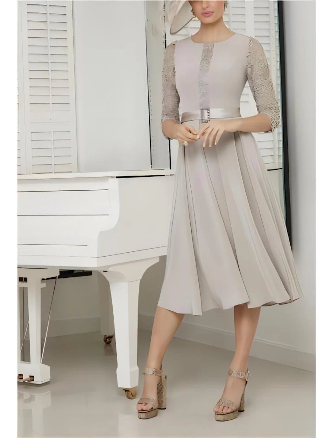 Wholesa  A-Line Mother of the Bride Dress Formal Wedding Guest Elegant Jewel Neck Tea Length Chiffon Lace 3/4 Length Sleeve with Sash / Ribbon Solid Color