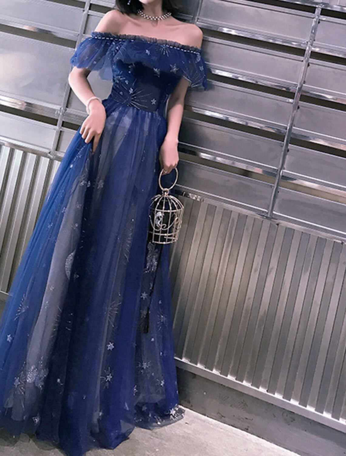 wholesale  A-Line Fairy Prom Dress Sparkle Party Dress Off Shoulder Short Sleeve Floor Length Tulle with Sequins Embroidery