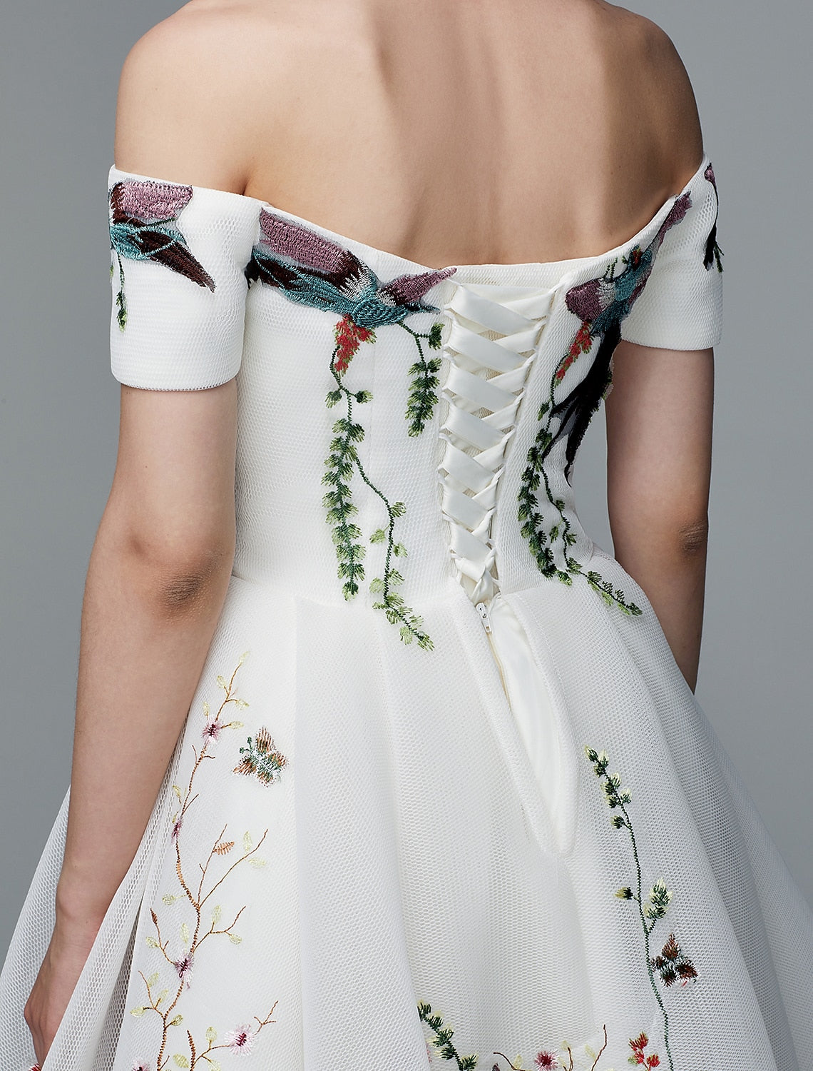 wholesale  Ball Gown Cute Dress Wedding Guest Cocktail Party Asymmetrical Short Sleeve Off Shoulder Polyester with Embroidery