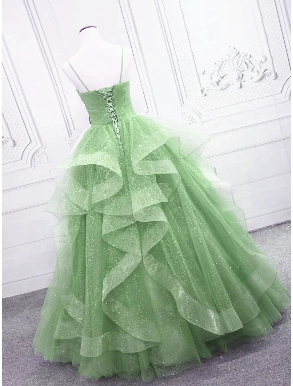 wholesale  Ball Gown Prom Dresses Glittering Dress Formal Prom Floor Length Sleeveless V Neck Tulle with Glitter Ruffles
