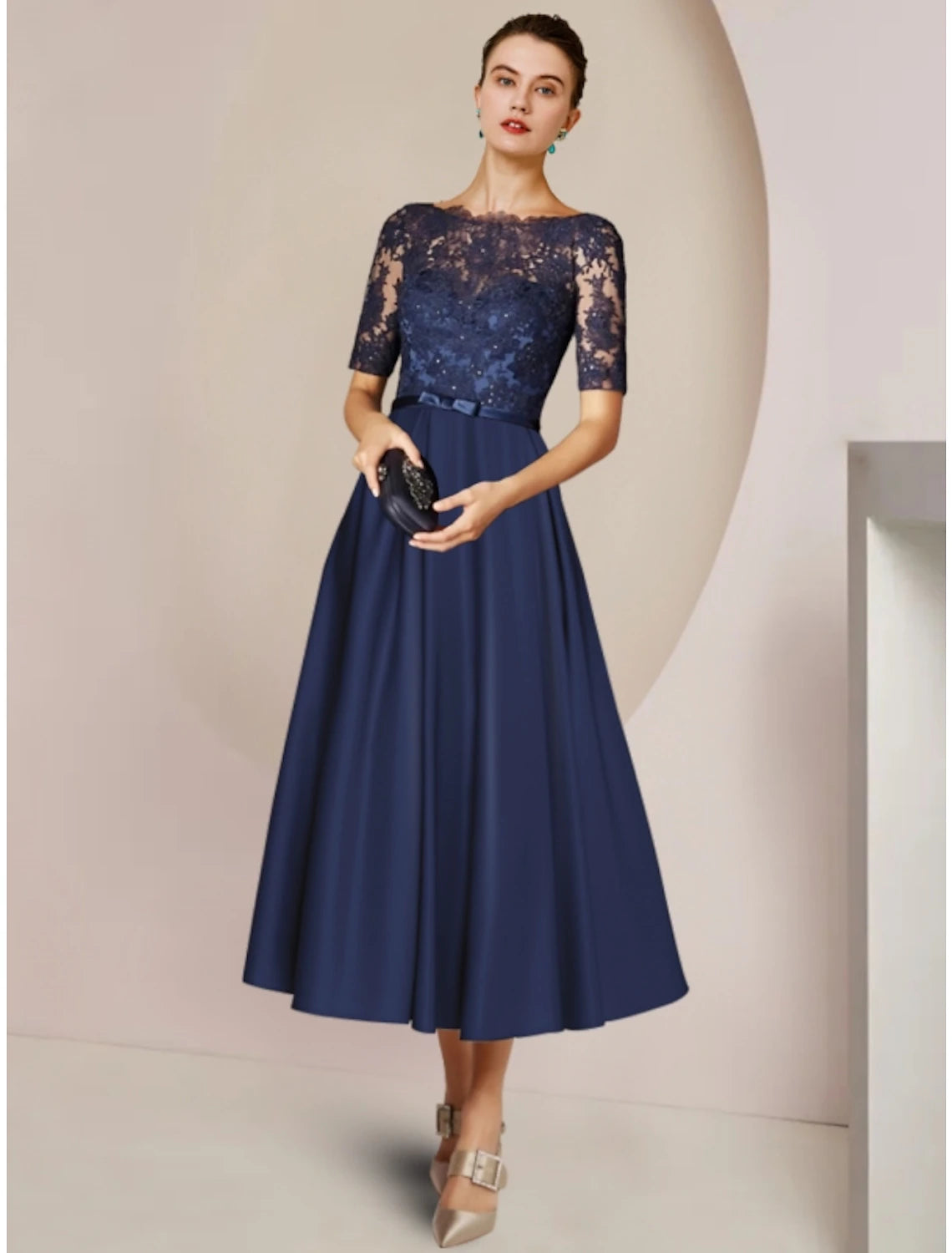 wholesale  Sheath / Column Mother of the Bride Dress Wedding Guest Party Elegant Scoop Neck Tea Length Satin Lace Short Sleeve with Bow(s) Pleats Appliques