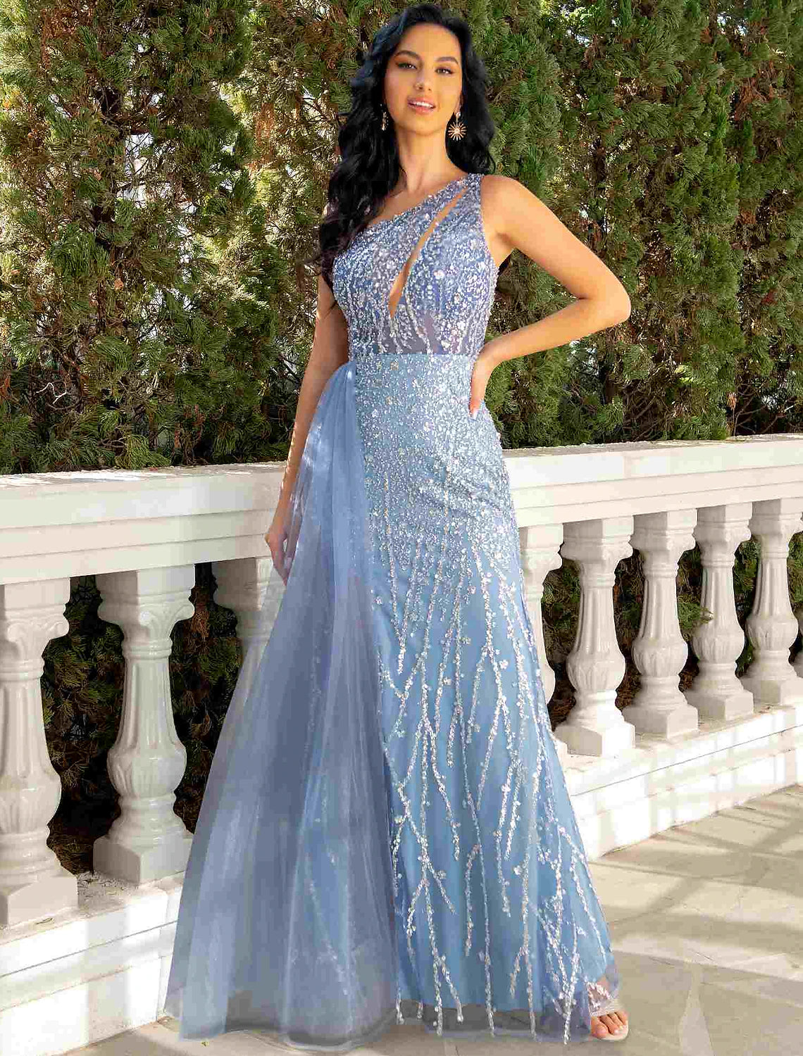Wholesa Mermaid / Trumpet Evening Gown Cut Out Dress Wedding Party Floor Length Sleeveless One Shoulder Tulle with Sequin