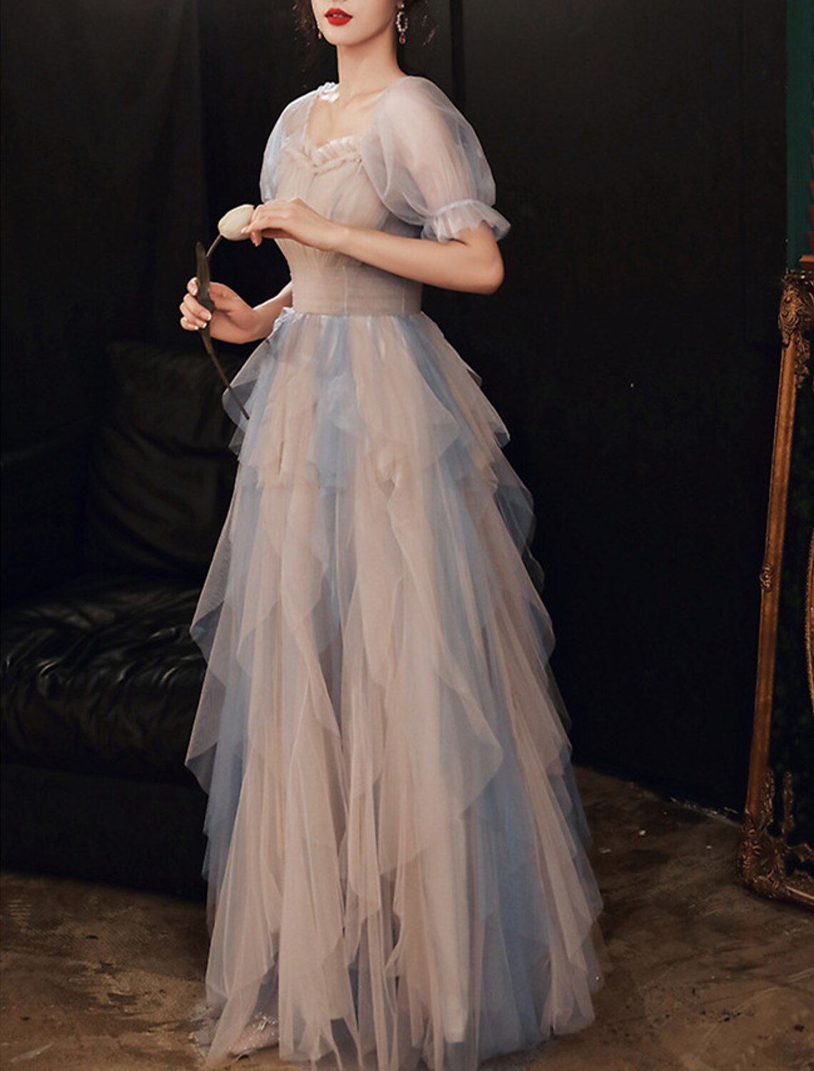 Wholesa A-Line Prom Dresses Color Block Dress Wedding Party Dress Birthday Floor Length Half Sleeve Scoop Neck Tulle with Pleats Ruffles