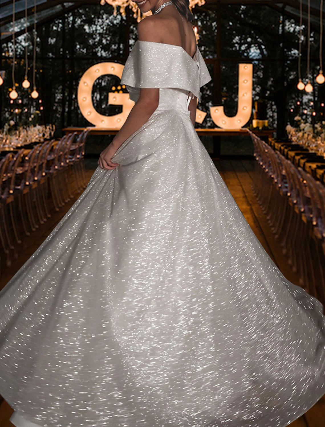 wholesale  Hall Sparkle & Shine Casual Wedding Dresses A-Line Off Shoulder Cap Sleeve Sweep / Brush Train Sequined Bridal Gowns With Solid Color