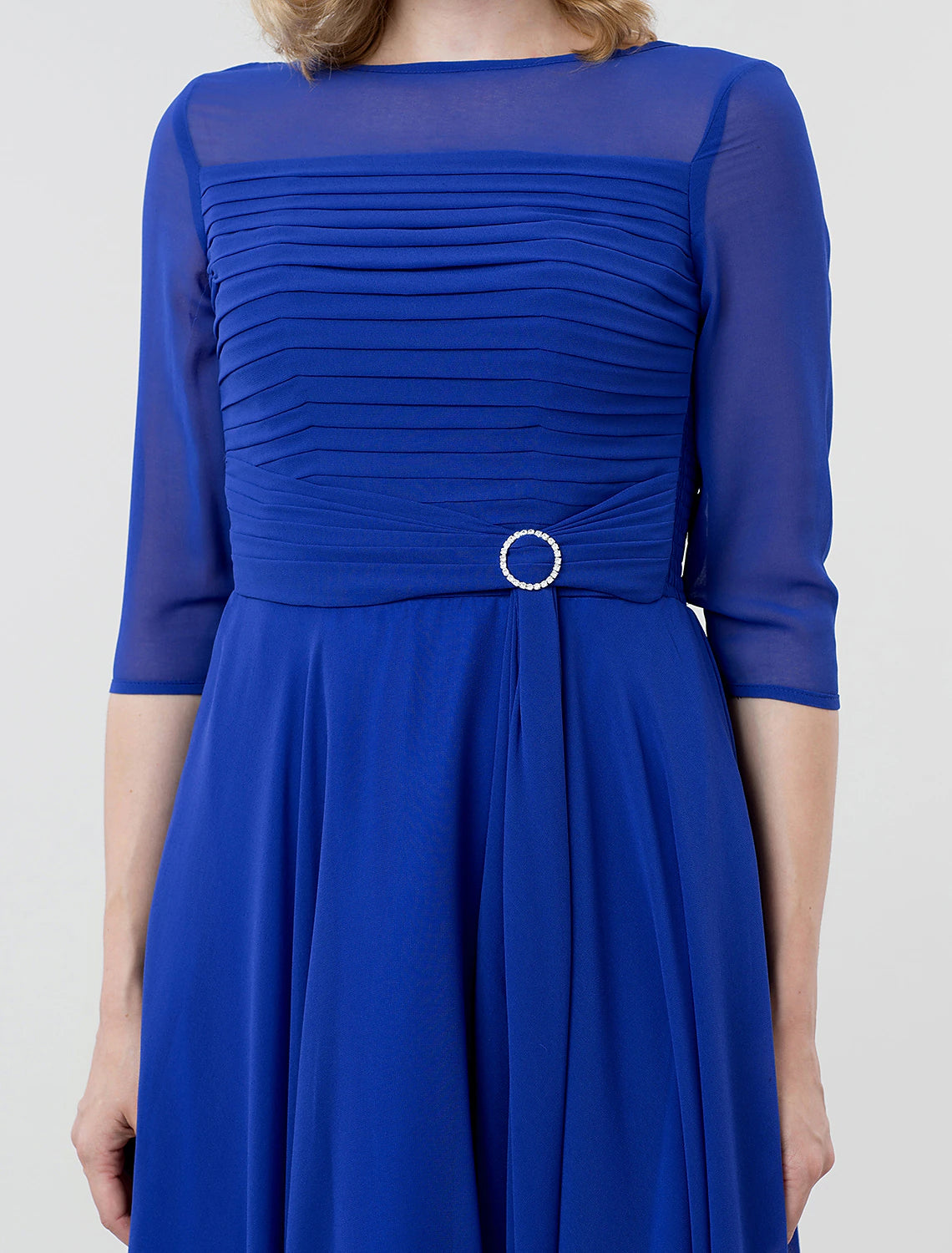 Wholesa A-Line Elegant Formal Evening Wedding Party Dress Boat Neck 3/4 Length Sleeve Tea Length Georgette with Ruched Crystal Brooch 2022 / Illusion Sleeve